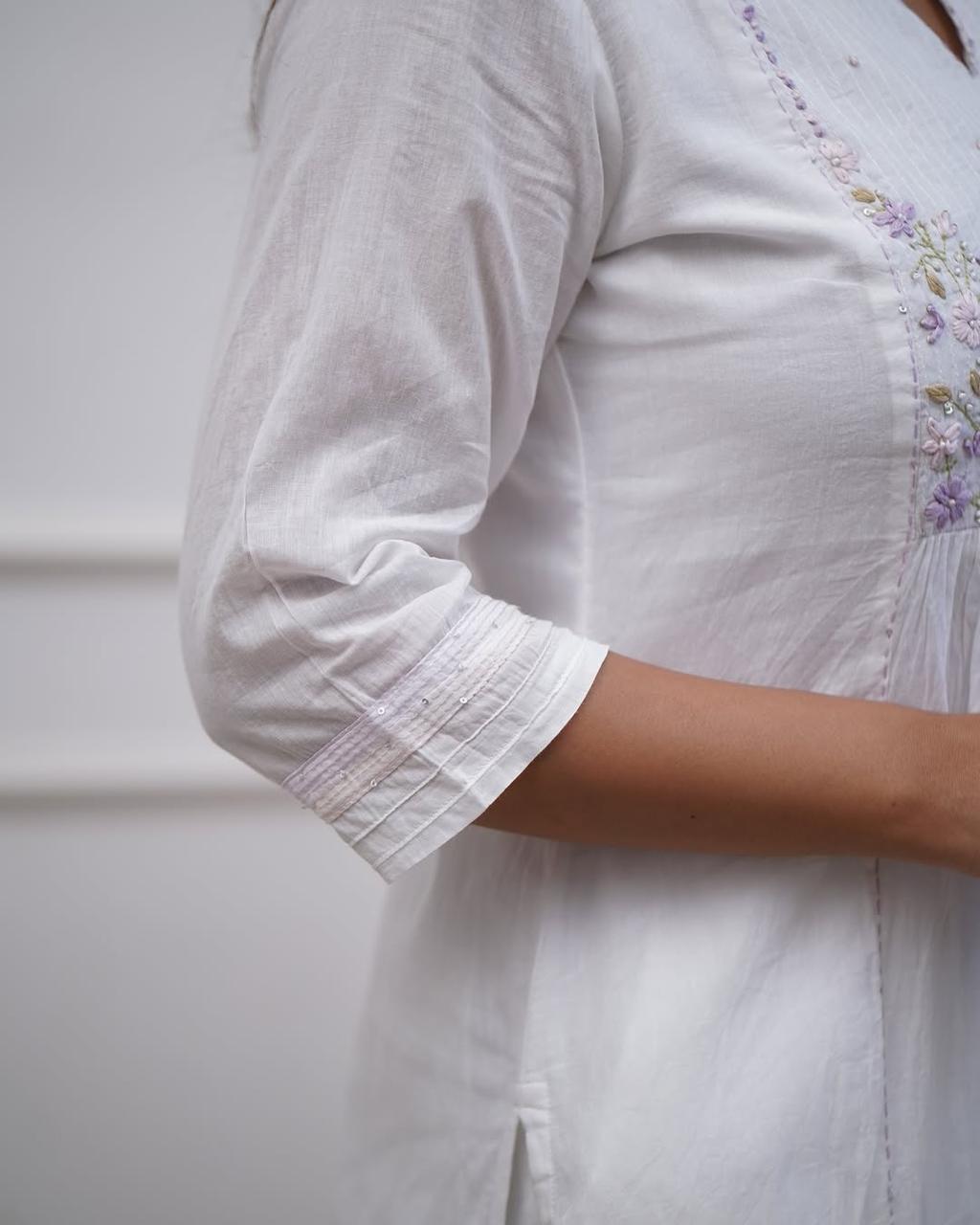 Elegant White Cotton Embroidered Kurti Set