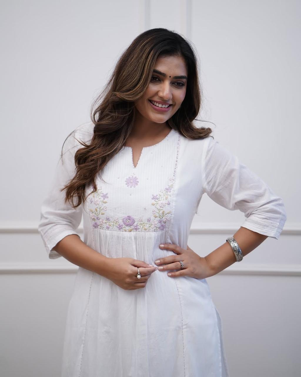Elegant White Cotton Embroidered Kurti Set