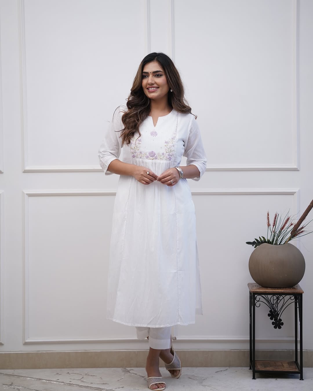 Elegant White Cotton Embroidered Kurti Set