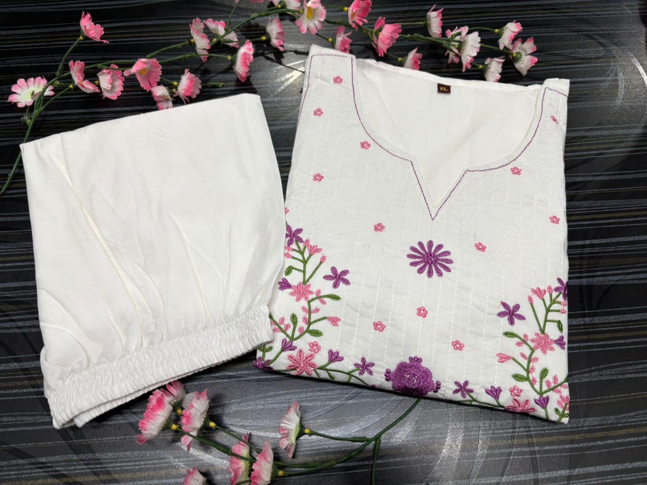 Elegant White Cotton Embroidered Kurti Set