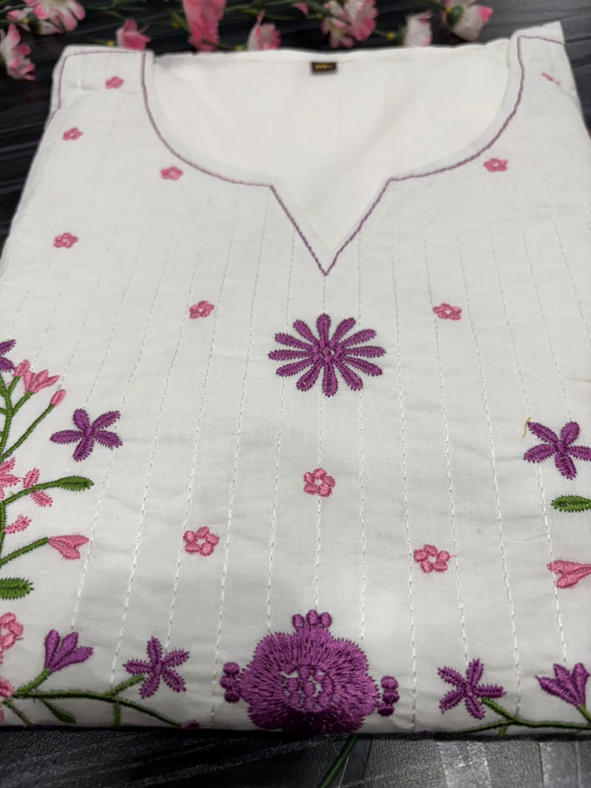 Elegant White Cotton Embroidered Kurti Set