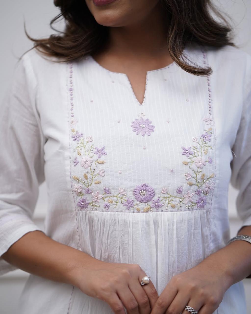 Elegant White Cotton Embroidered Kurti Set