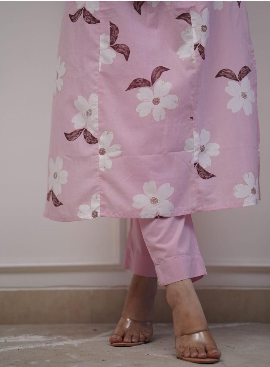 Blush Pink Floral Printed Kurta Set with Dupatta