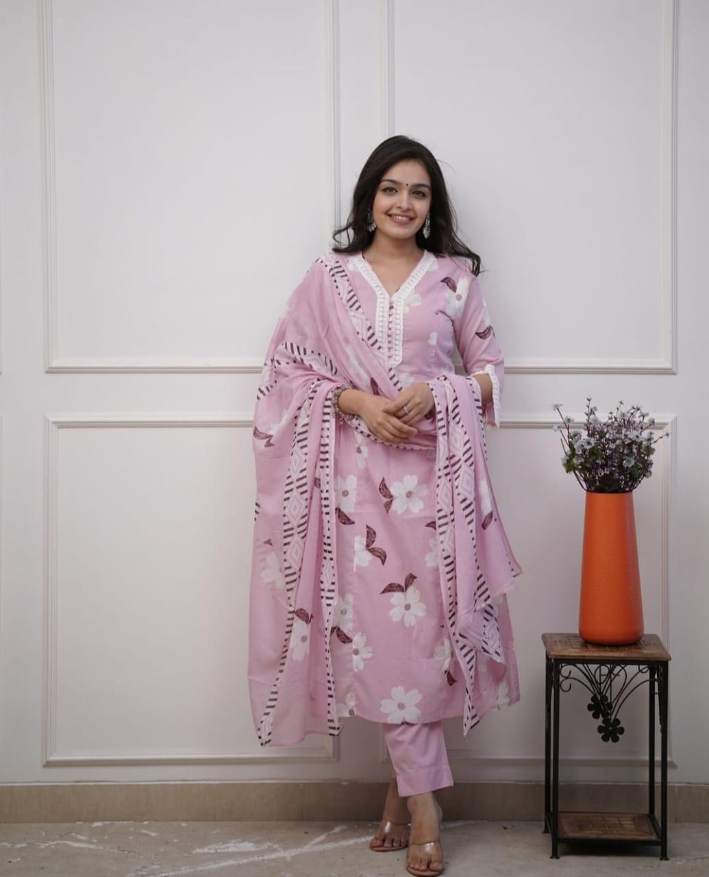 Blush Pink Floral Printed Kurta Set with Dupatta