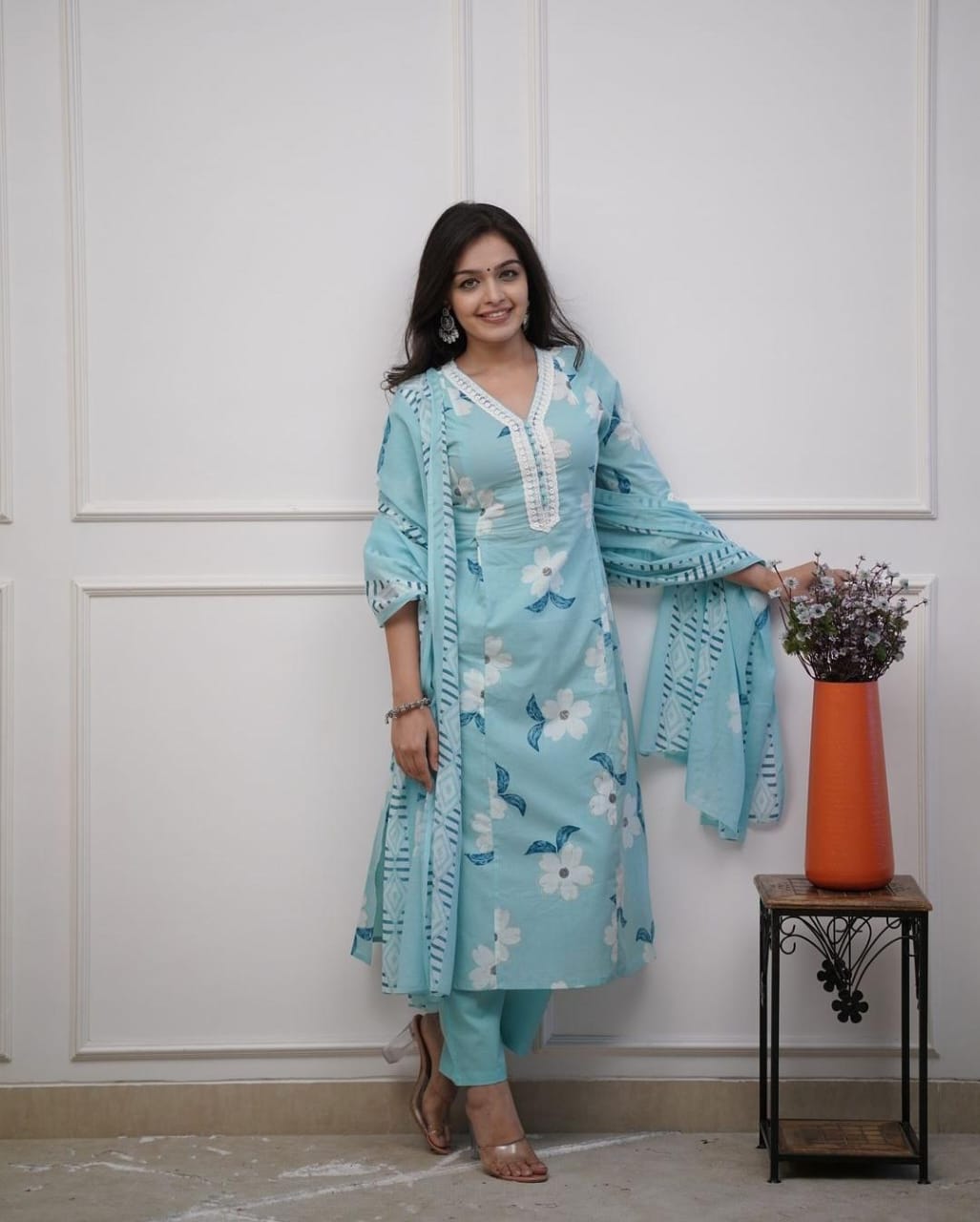 Powder Blue Floral Printed Kurta Set with Dupatta