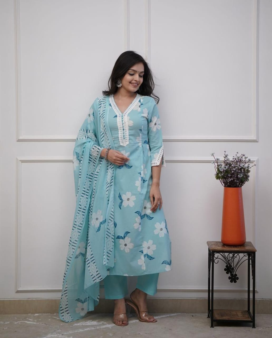 Powder Blue Floral Printed Kurta Set with Dupatta