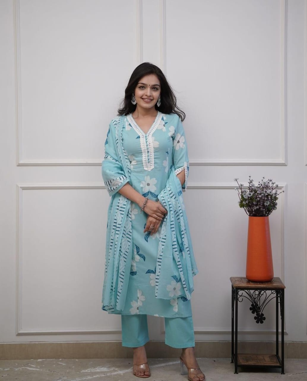 Powder Blue Floral Printed Kurta Set with Dupatta