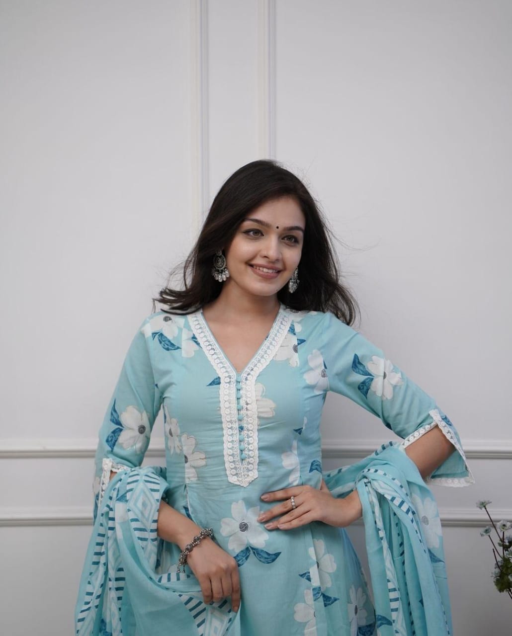 Powder Blue Floral Printed Kurta Set with Dupatta