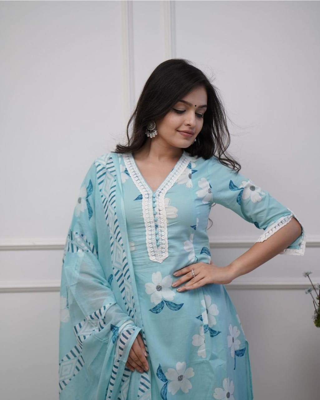 Powder Blue Floral Printed Kurta Set with Dupatta