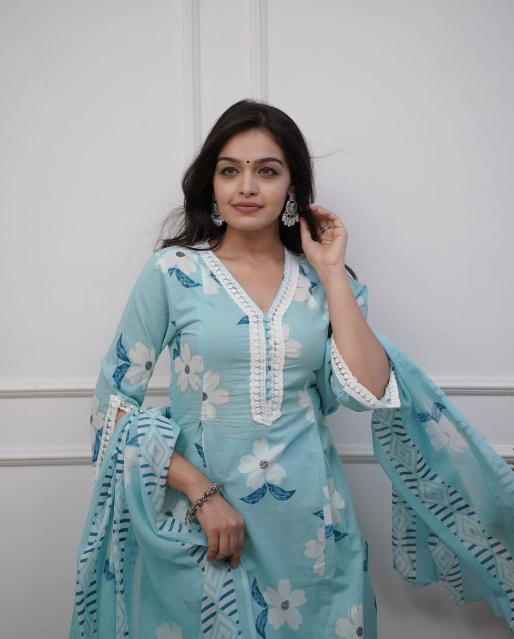 Powder Blue Floral Printed Kurta Set with Dupatta