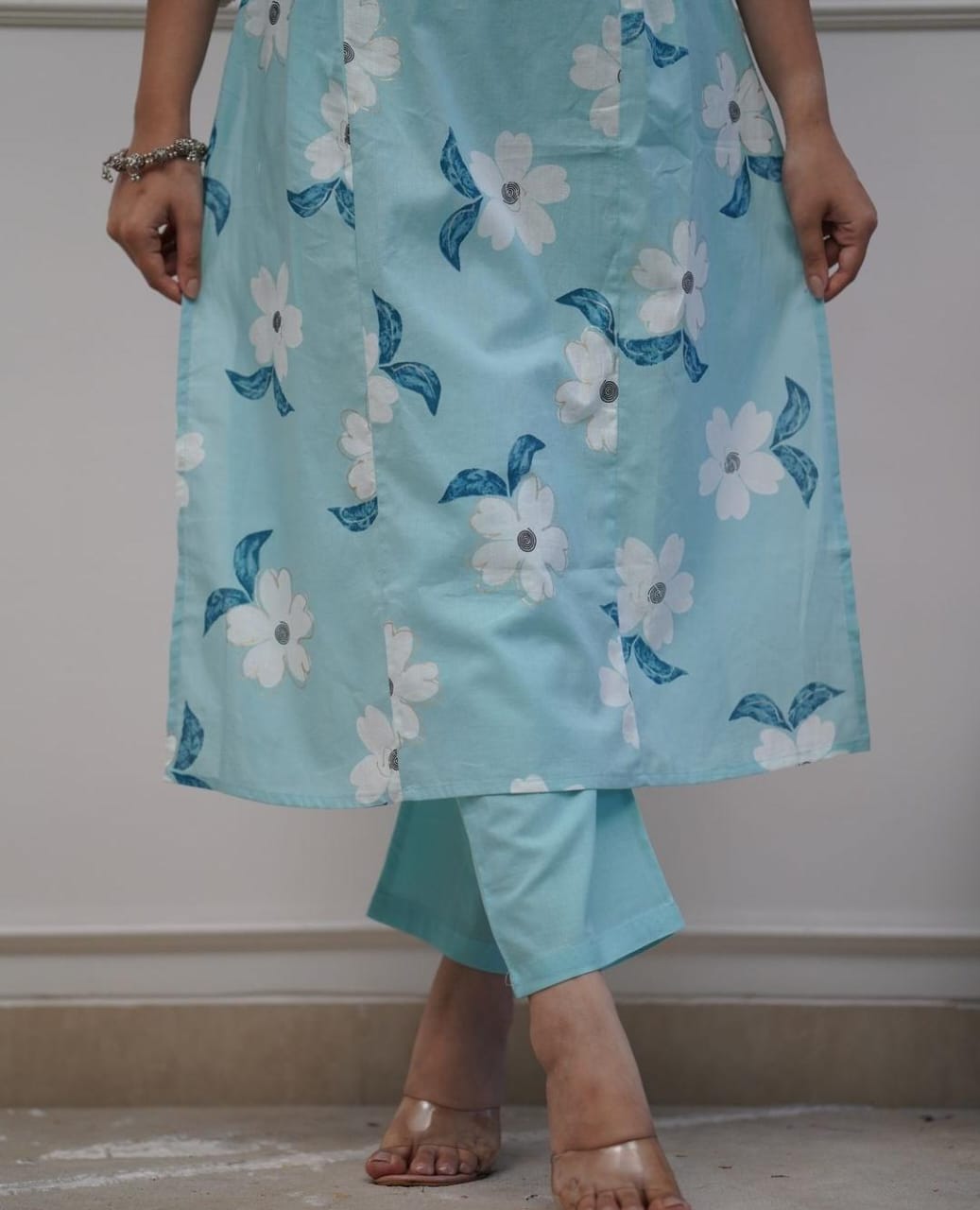 Powder Blue Floral Printed Kurta Set with Dupatta