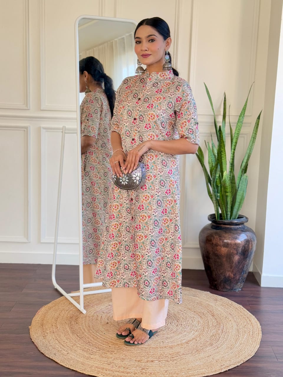 Cotton Printed Straight Kurta with Peach Cream Pants