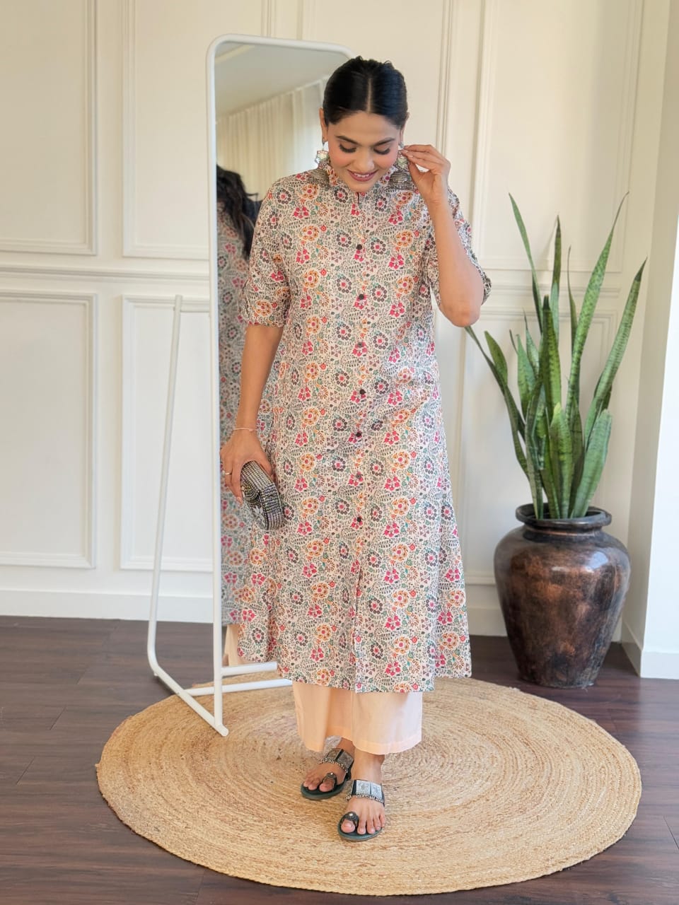Cotton Printed Straight Kurta with Peach Cream Pants