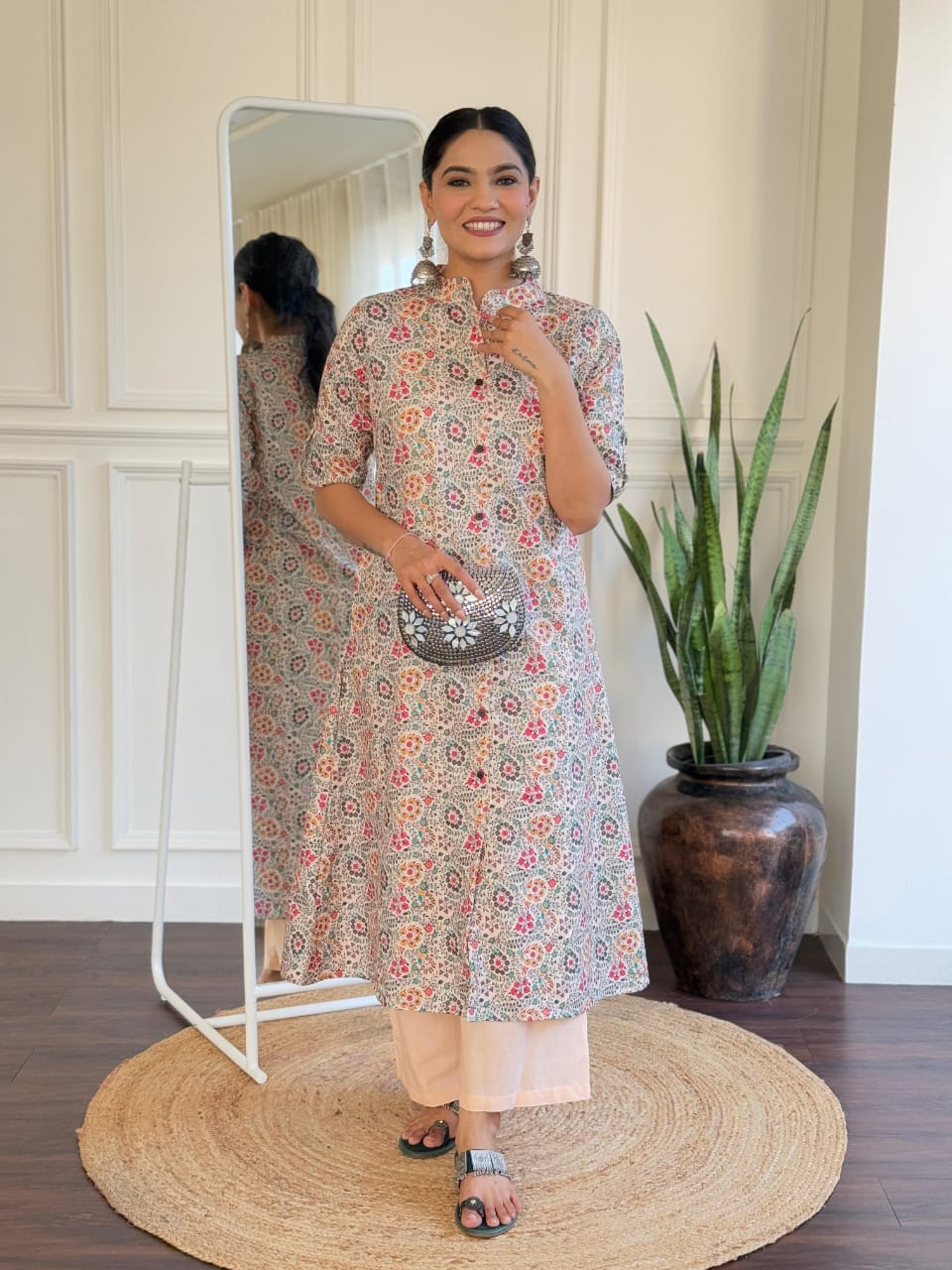 Cotton Printed Straight Kurta with Peach Cream Pants