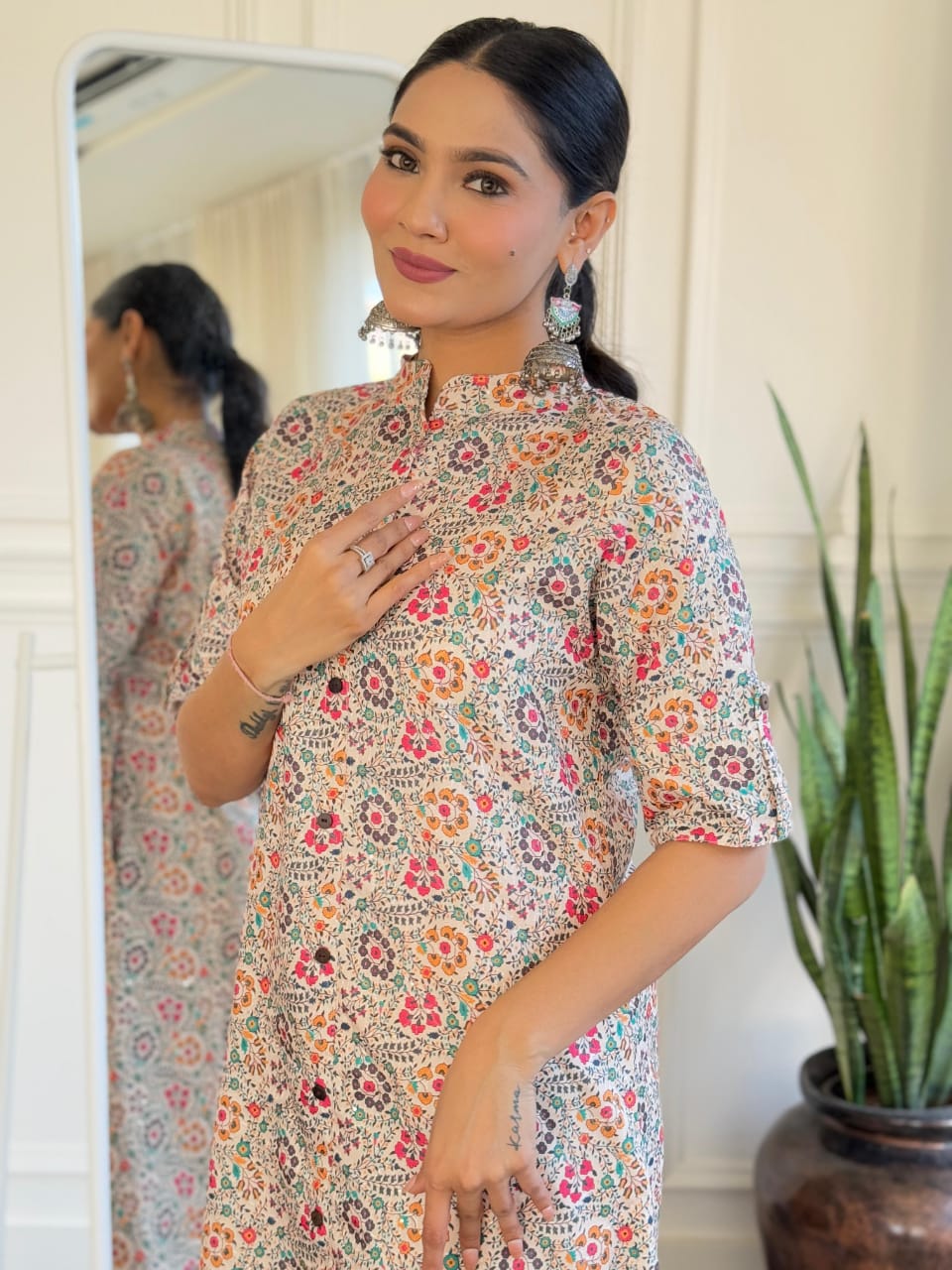 Cotton Printed Straight Kurta with Peach Cream Pants