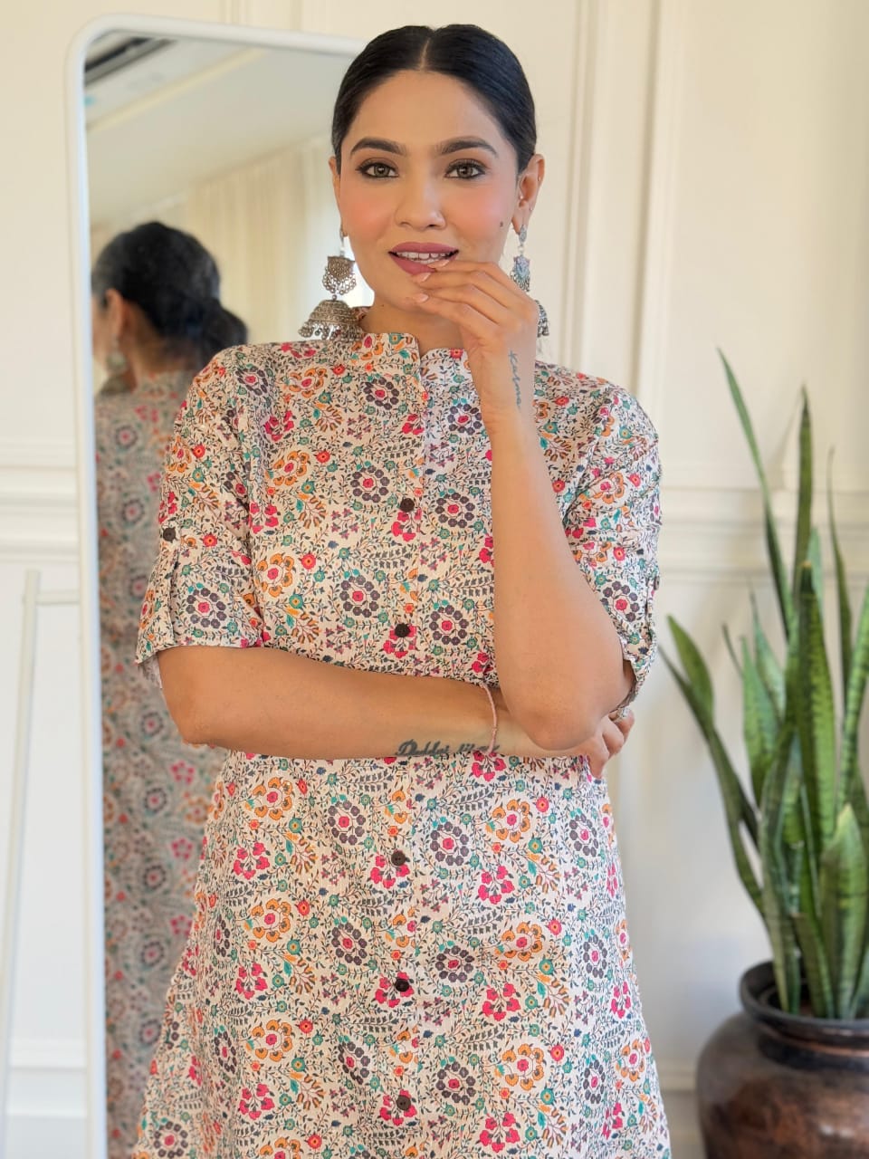 Cotton Printed Straight Kurta with Peach Cream Pants