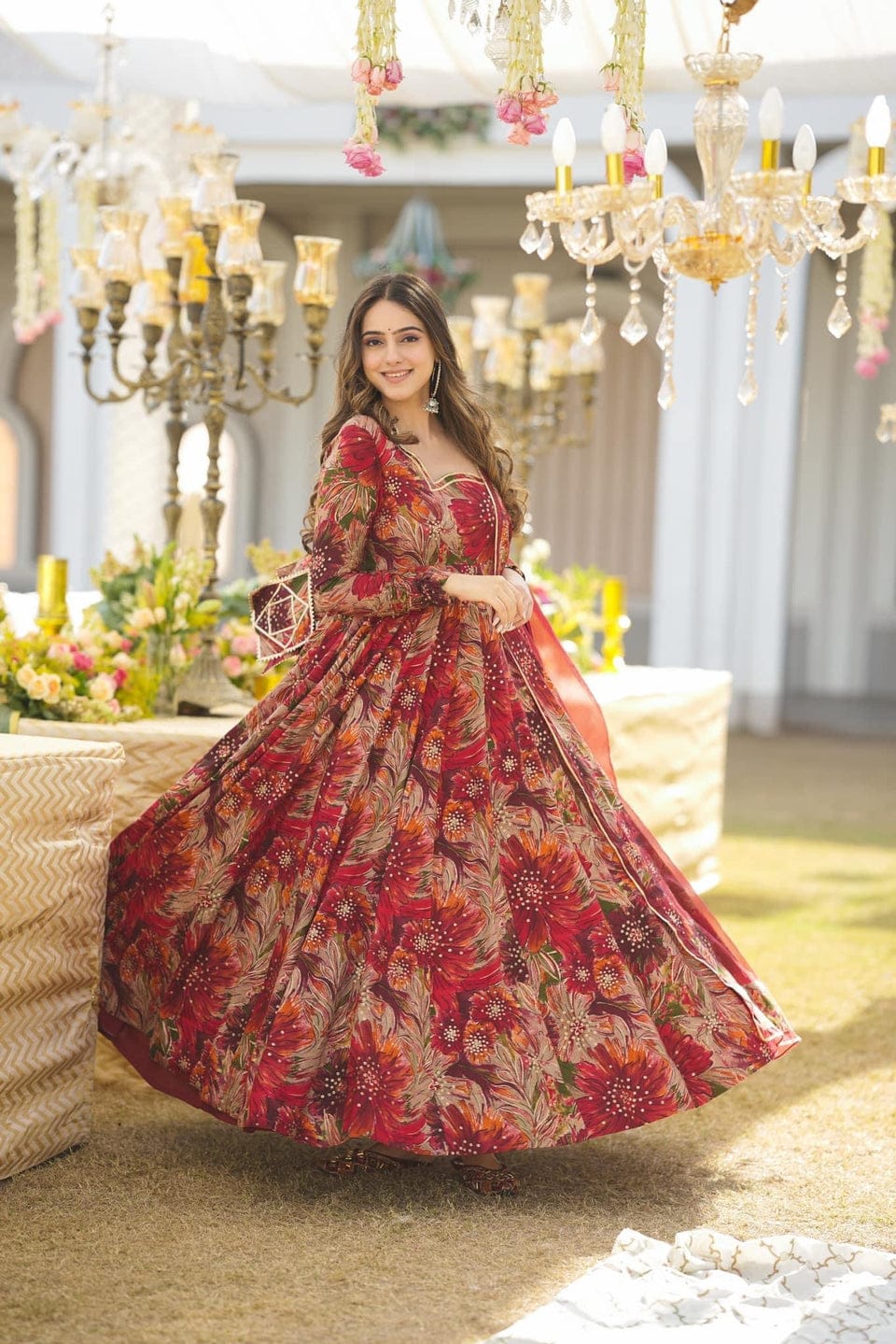 Regal Red Floral Anarkali Kurta Set with Dupatta