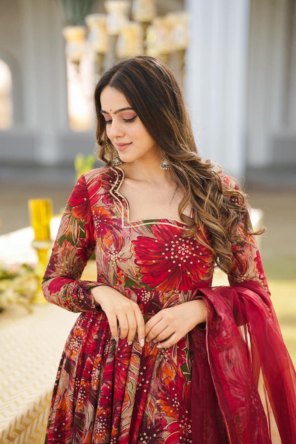 Regal Red Floral Anarkali Kurta Set with Dupatta