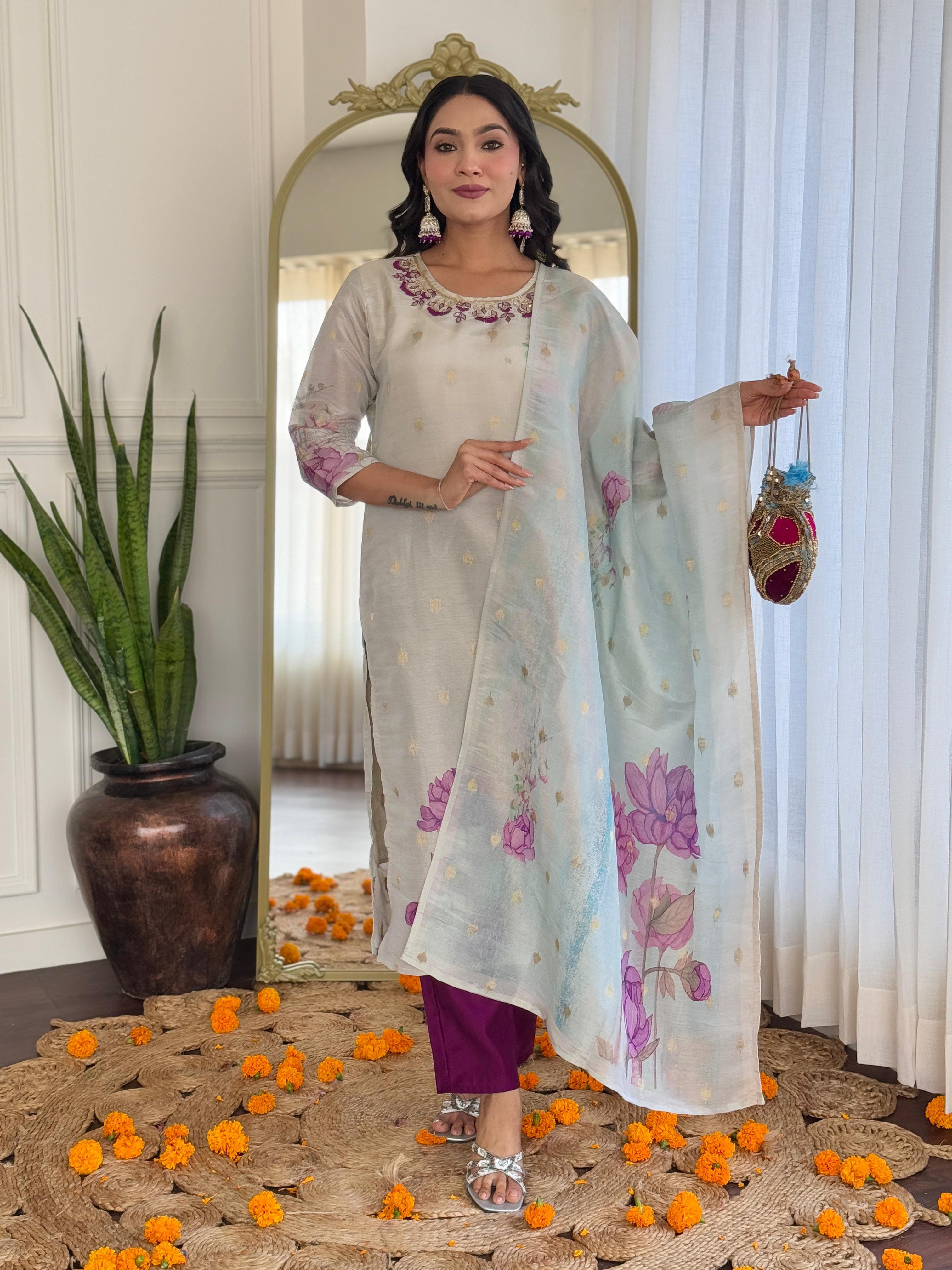 Pastel Blue Floral Kurta Set with Embroidered Neckline and Printed Dupatta