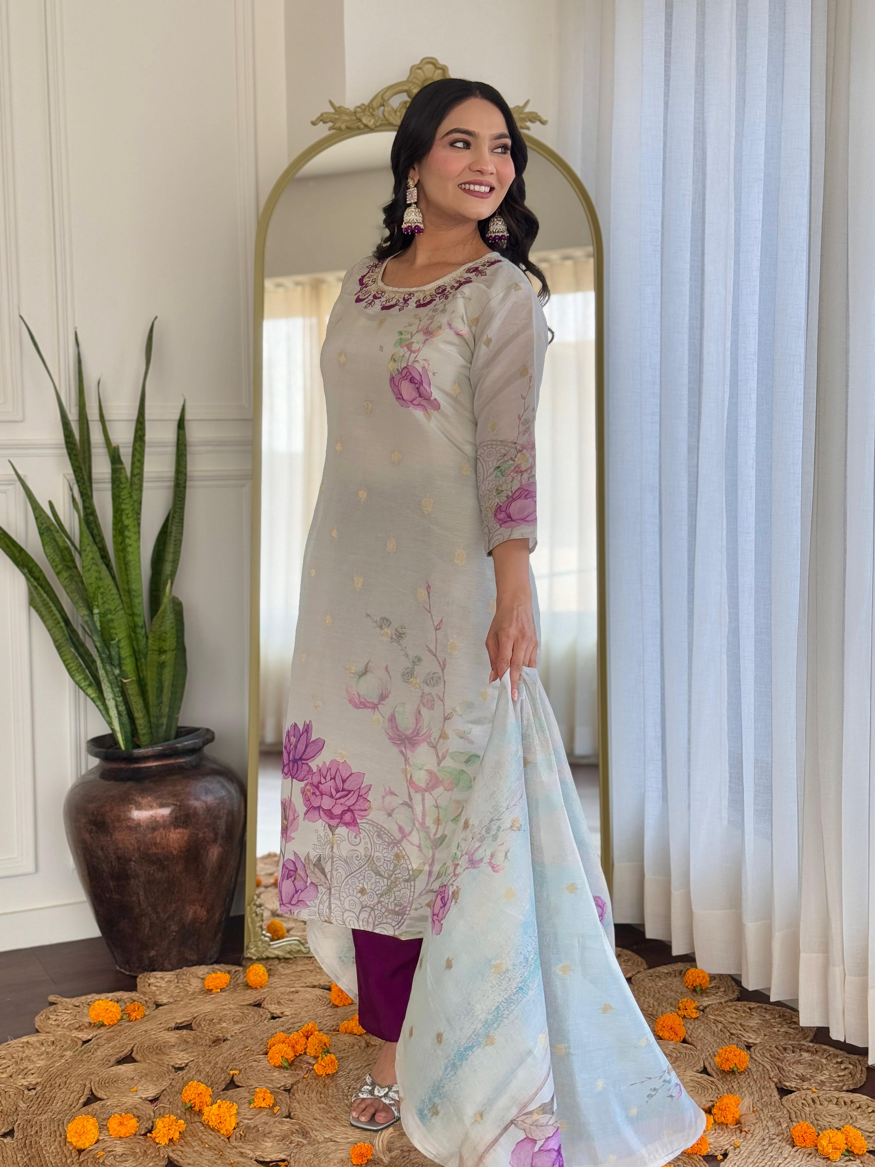 Pastel Blue Floral Kurta Set with Embroidered Neckline and Printed Dupatta