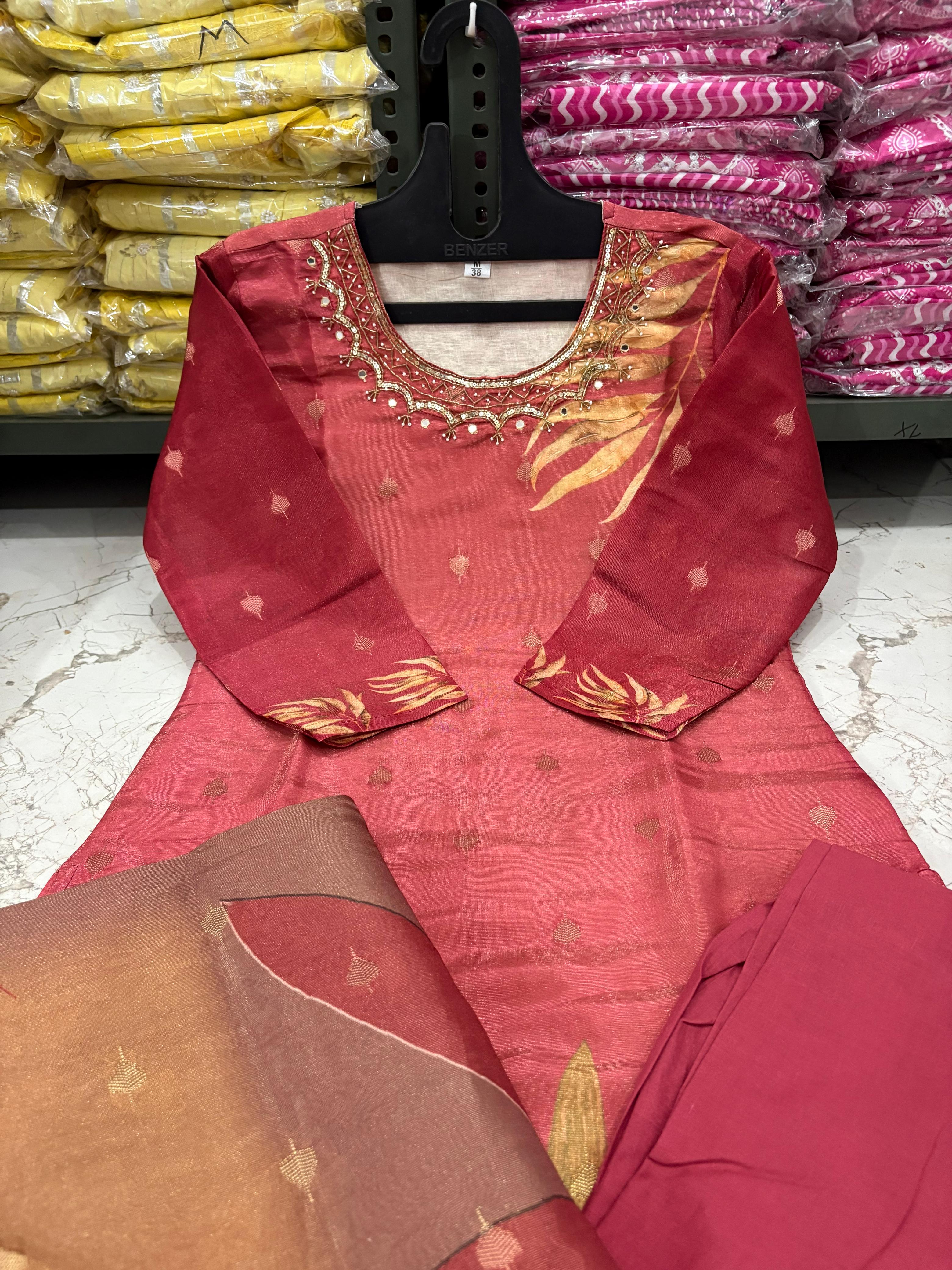 Reddish-Pink Floral Kurta Set with Embroidered Neckline and Printed Dupatta