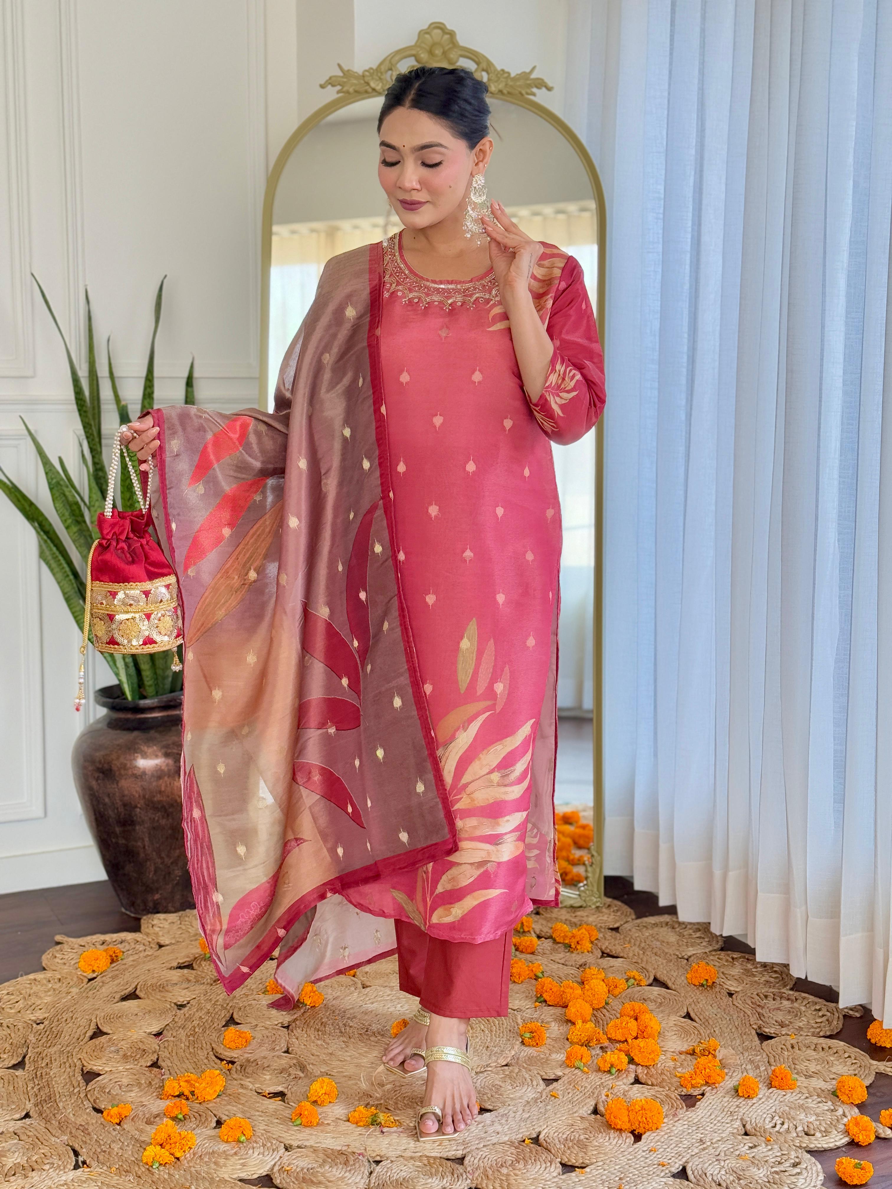 Reddish-Pink Floral Kurta Set with Embroidered Neckline and Printed Dupatta