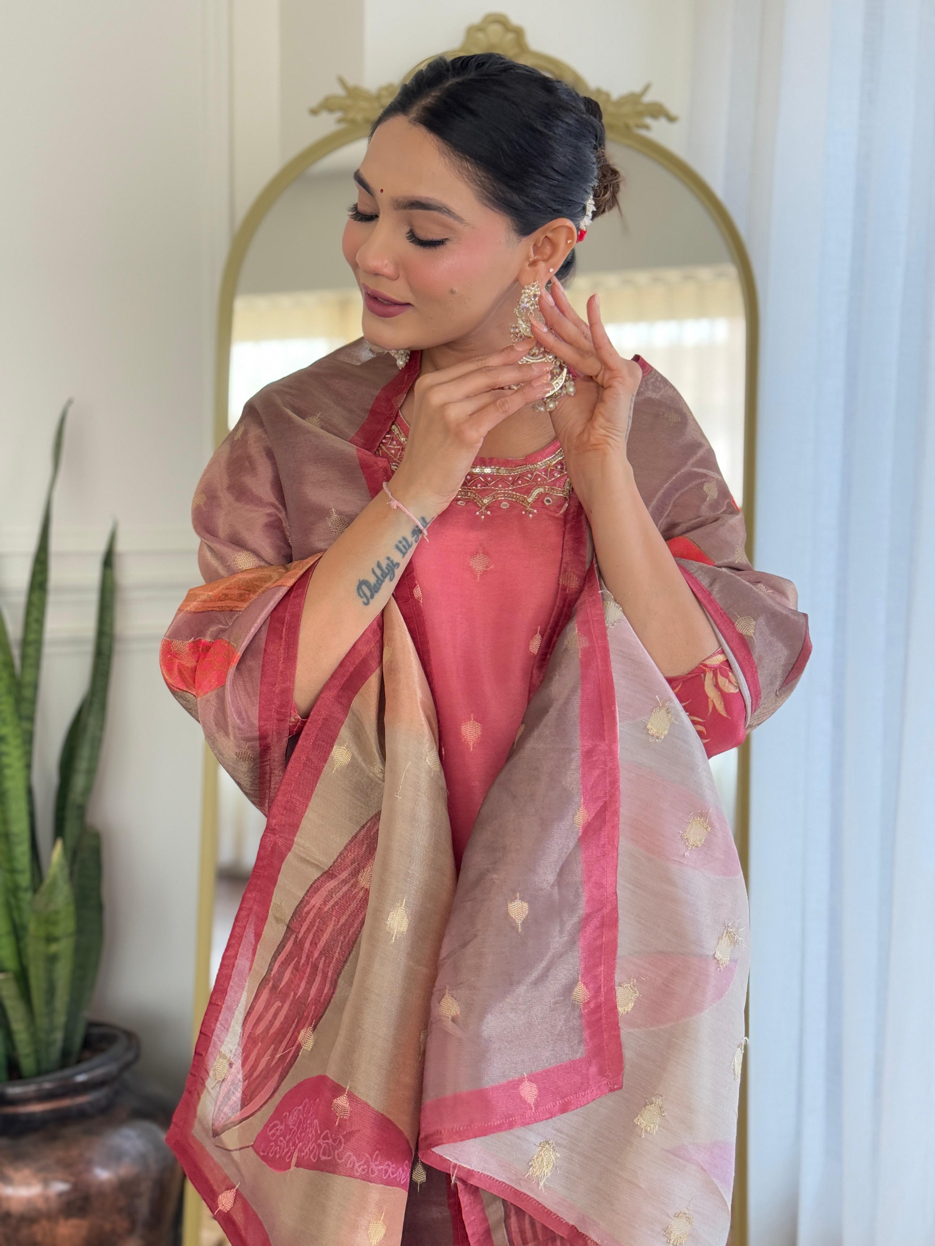 Reddish-Pink Floral Kurta Set with Embroidered Neckline and Printed Dupatta