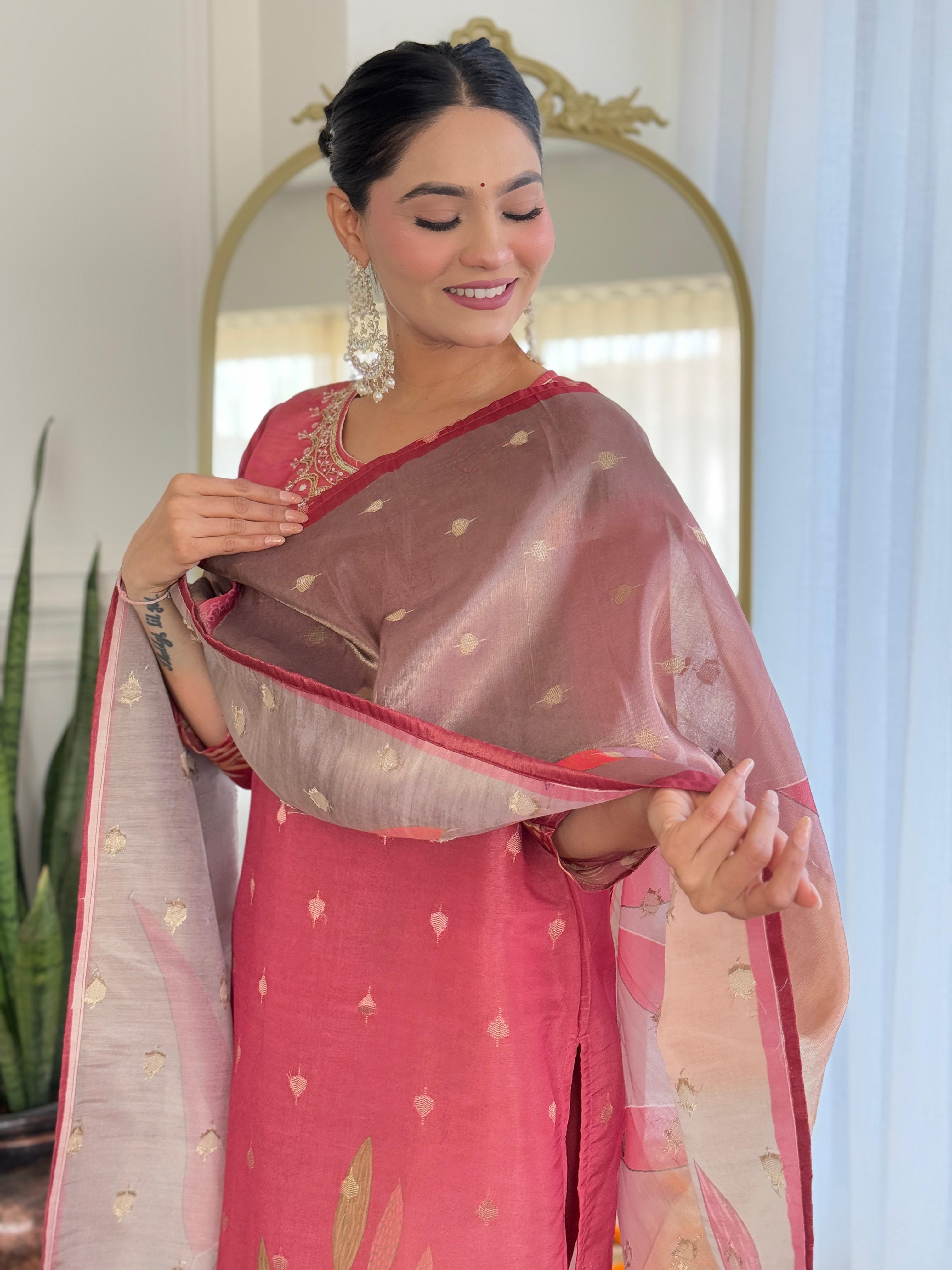 Reddish-Pink Floral Kurta Set with Embroidered Neckline and Printed Dupatta