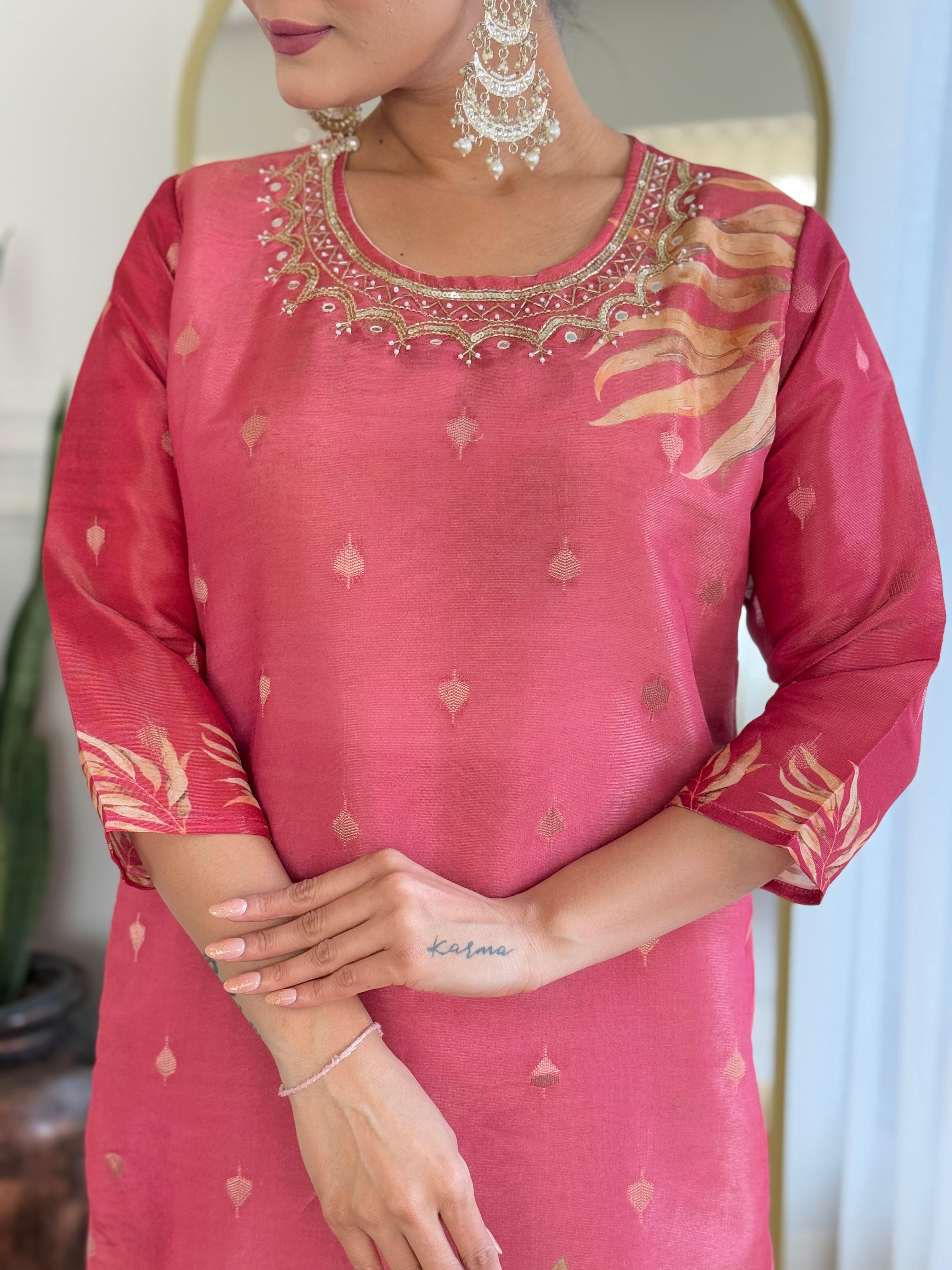 Reddish-Pink Floral Kurta Set with Embroidered Neckline and Printed Dupatta
