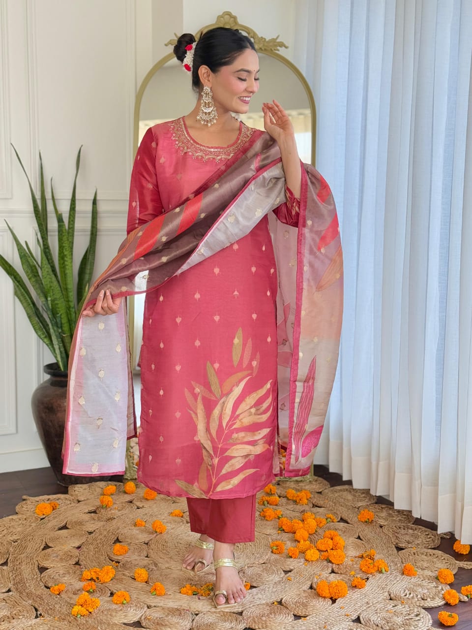 Reddish-Pink Floral Kurta Set with Embroidered Neckline and Printed Dupatta