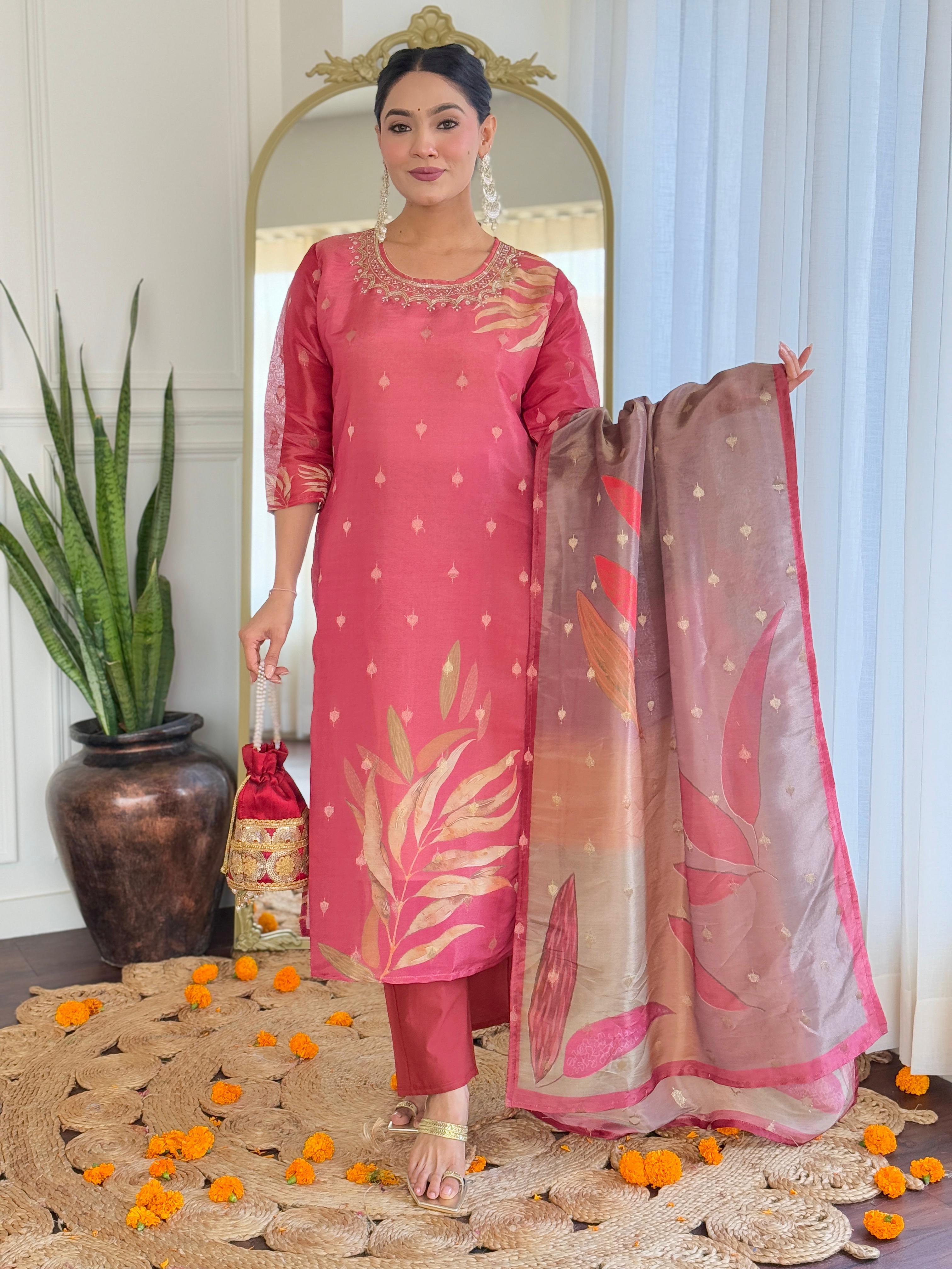 Reddish-Pink Floral Kurta Set with Embroidered Neckline and Printed Dupatta