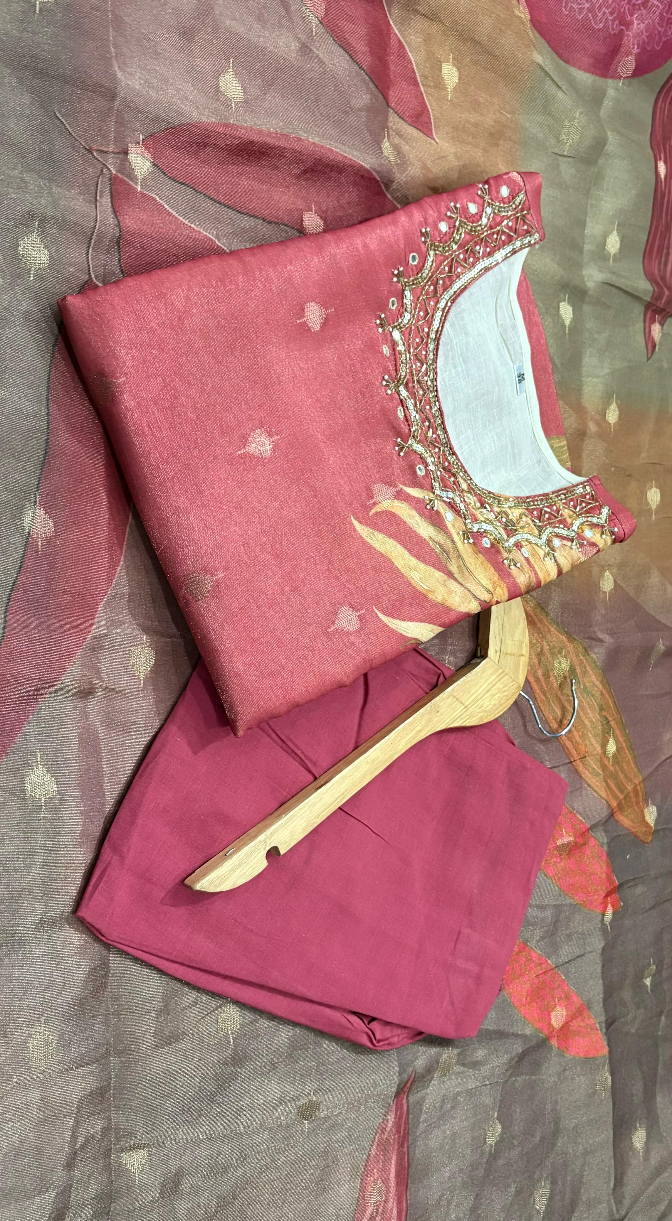 Reddish-Pink Floral Kurta Set with Embroidered Neckline and Printed Dupatta