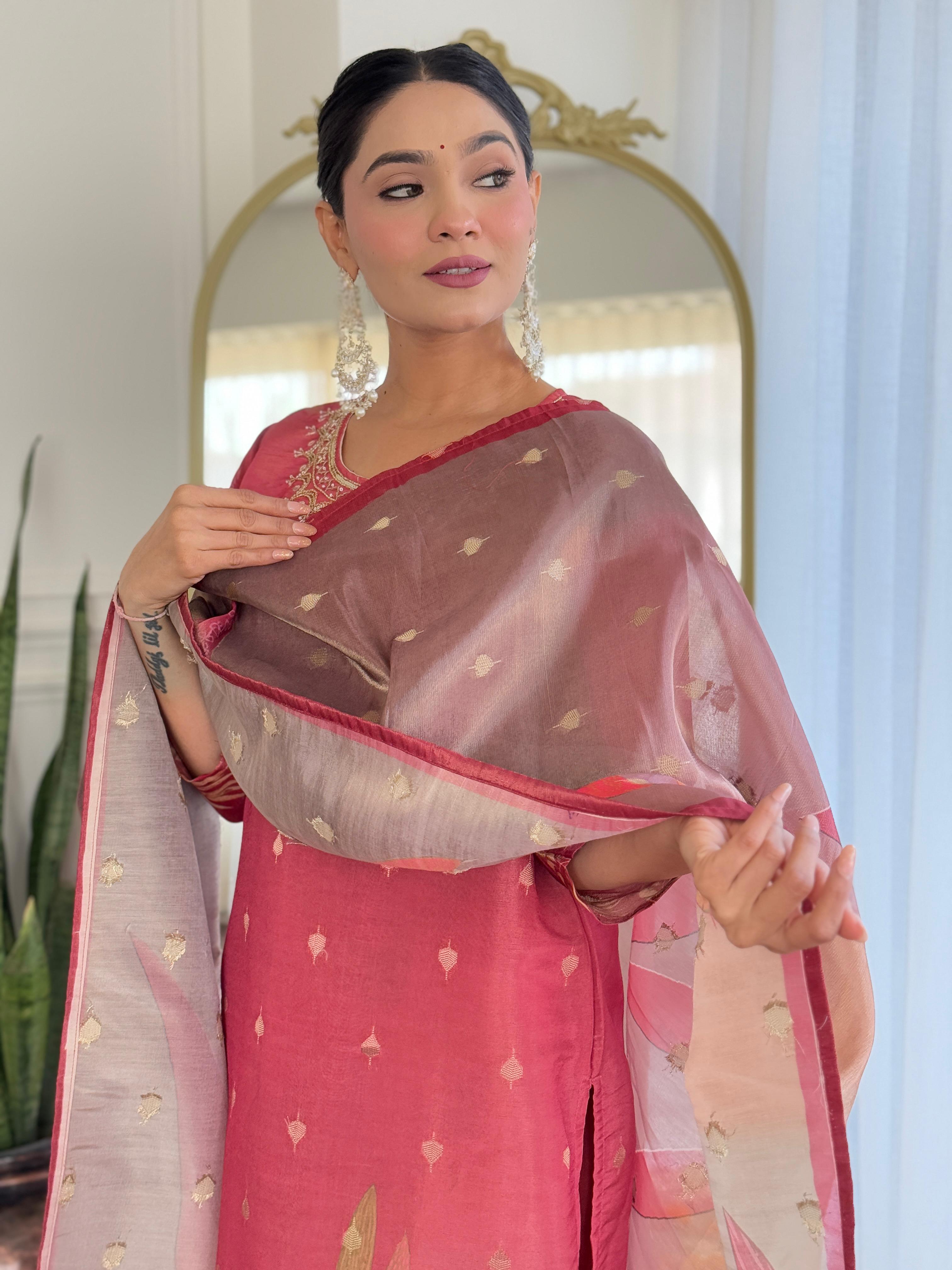 Reddish-Pink Floral Kurta Set with Embroidered Neckline and Printed Dupatta