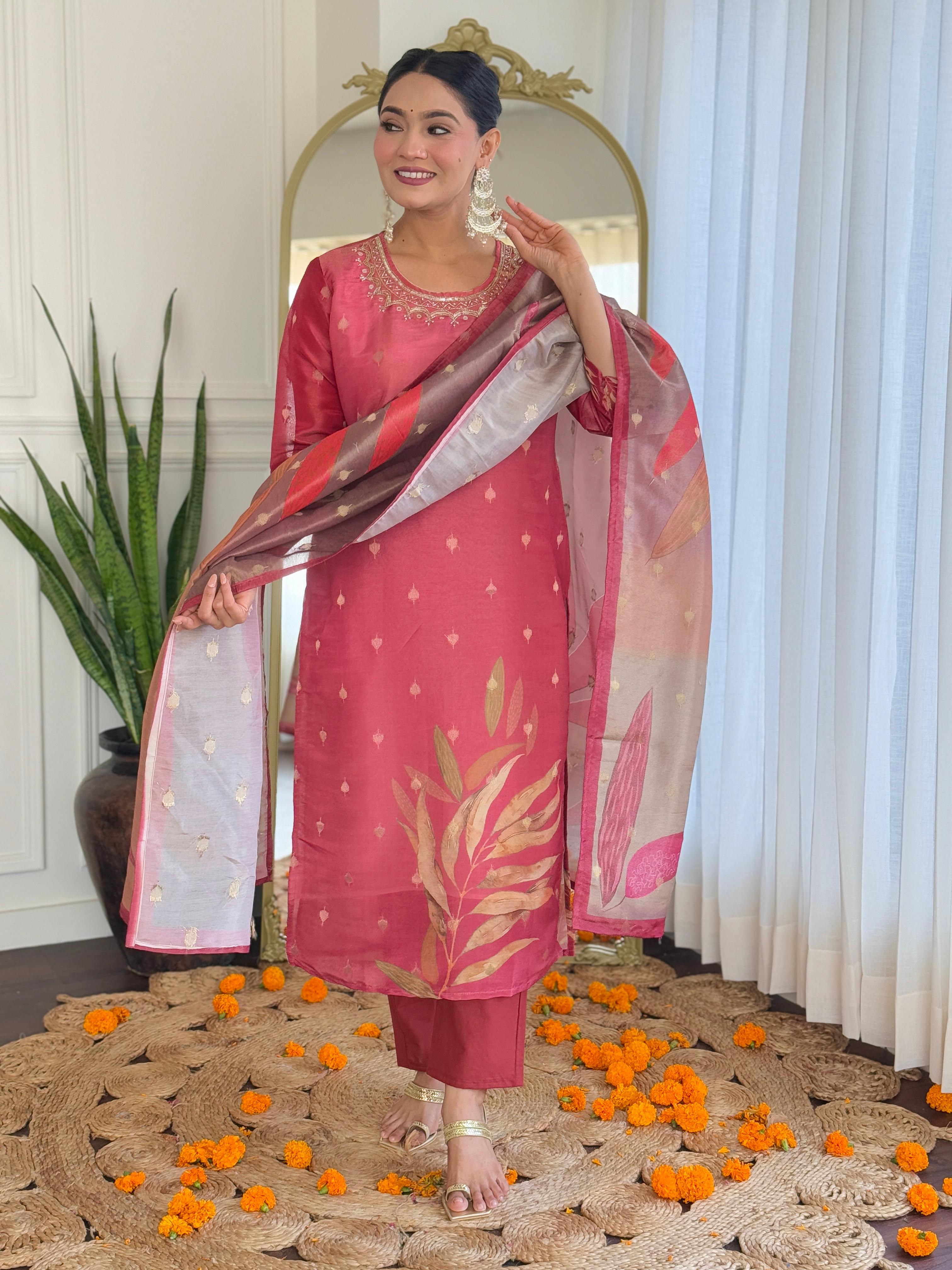Reddish-Pink Floral Kurta Set with Embroidered Neckline and Printed Dupatta