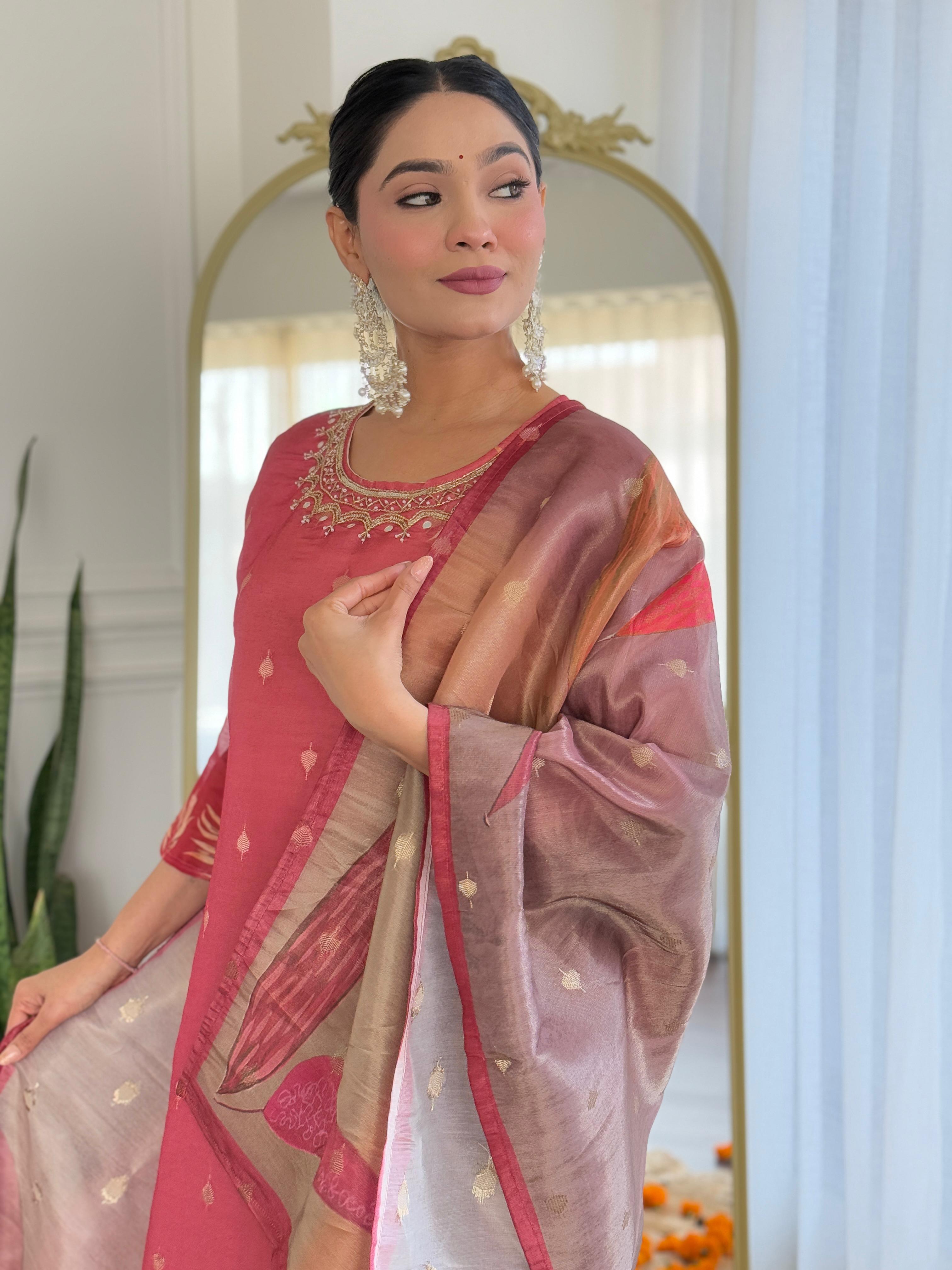 Reddish-Pink Floral Kurta Set with Embroidered Neckline and Printed Dupatta