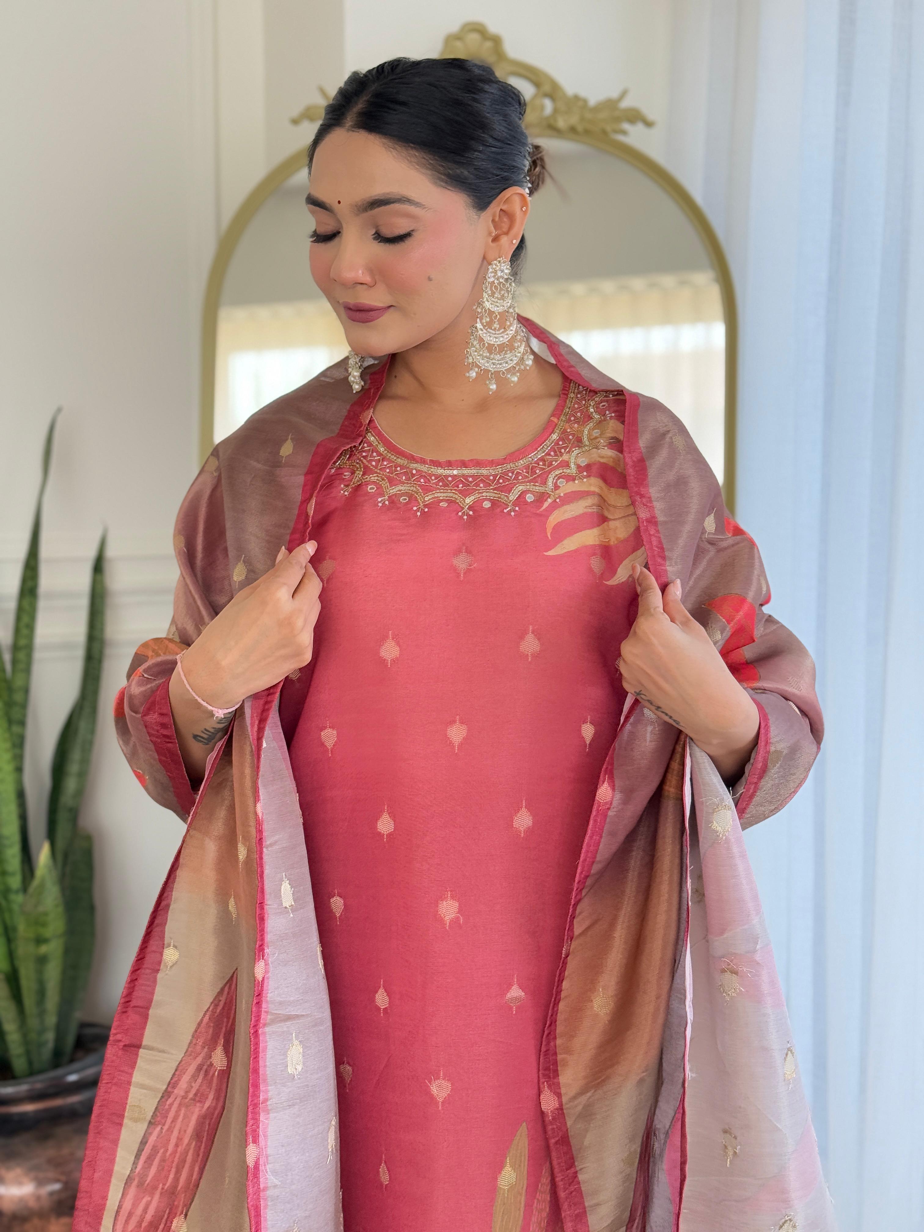 Reddish-Pink Floral Kurta Set with Embroidered Neckline and Printed Dupatta