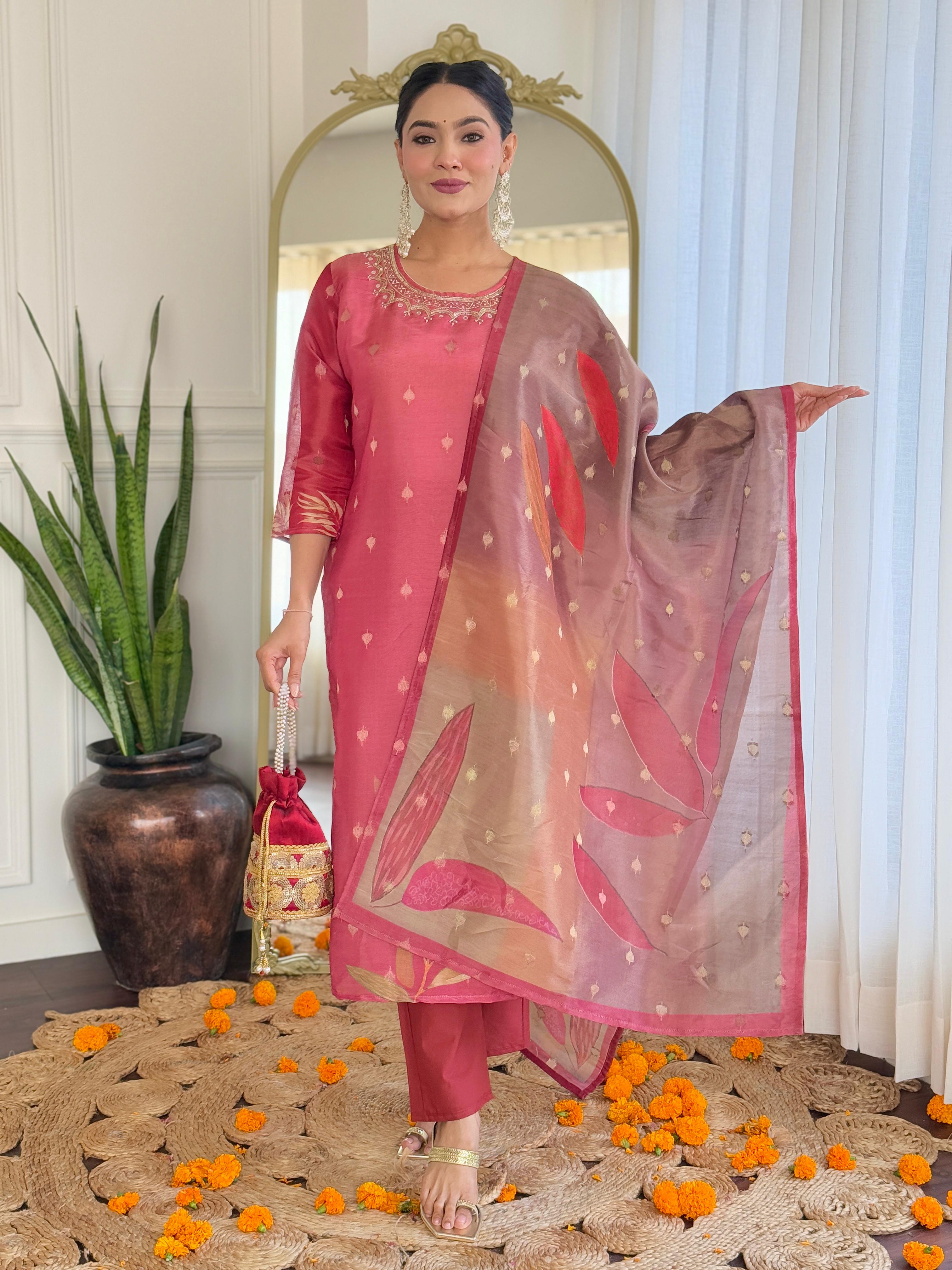 Reddish-Pink Floral Kurta Set with Embroidered Neckline and Printed Dupatta