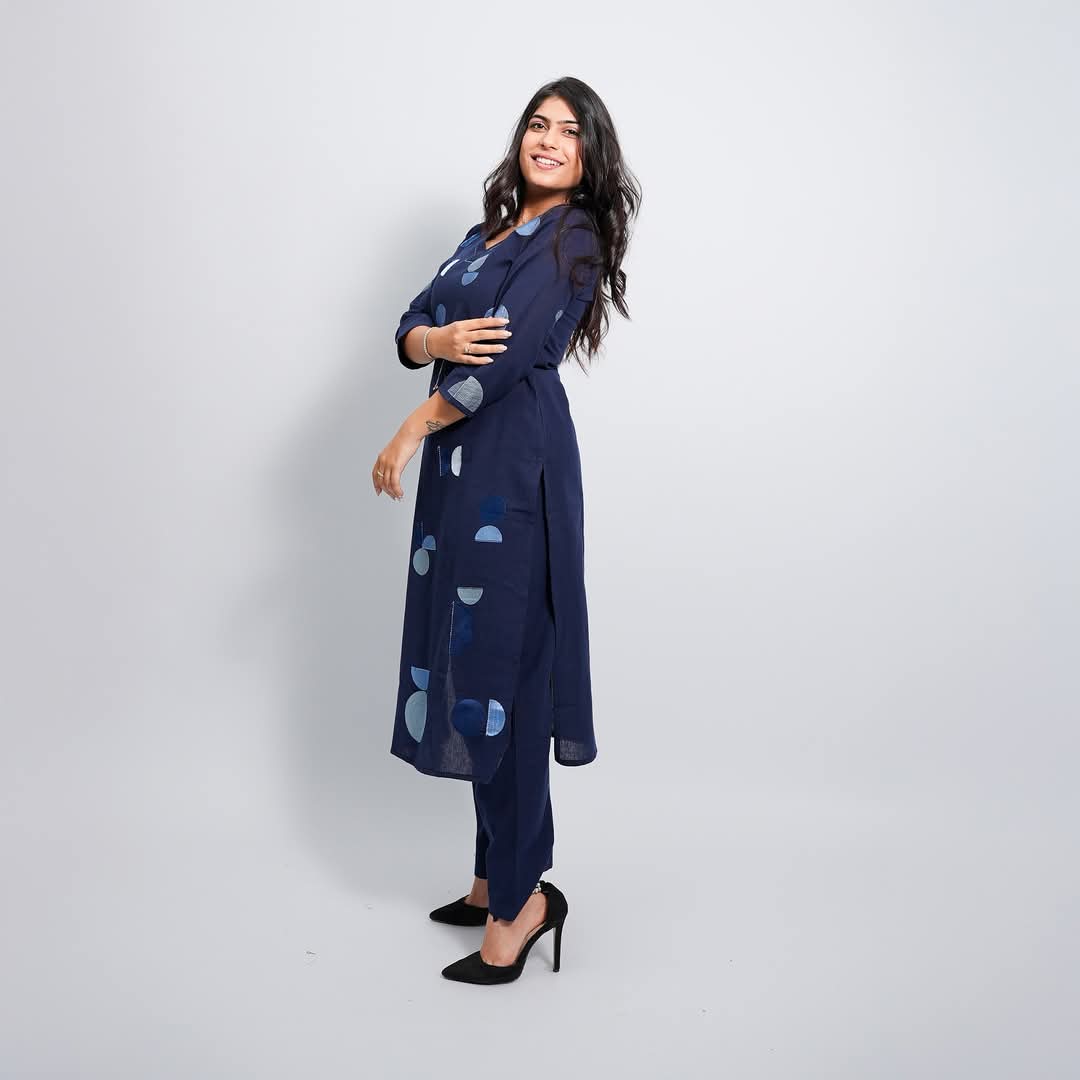 Blue Rayon Kurti with Silver Geometric Print