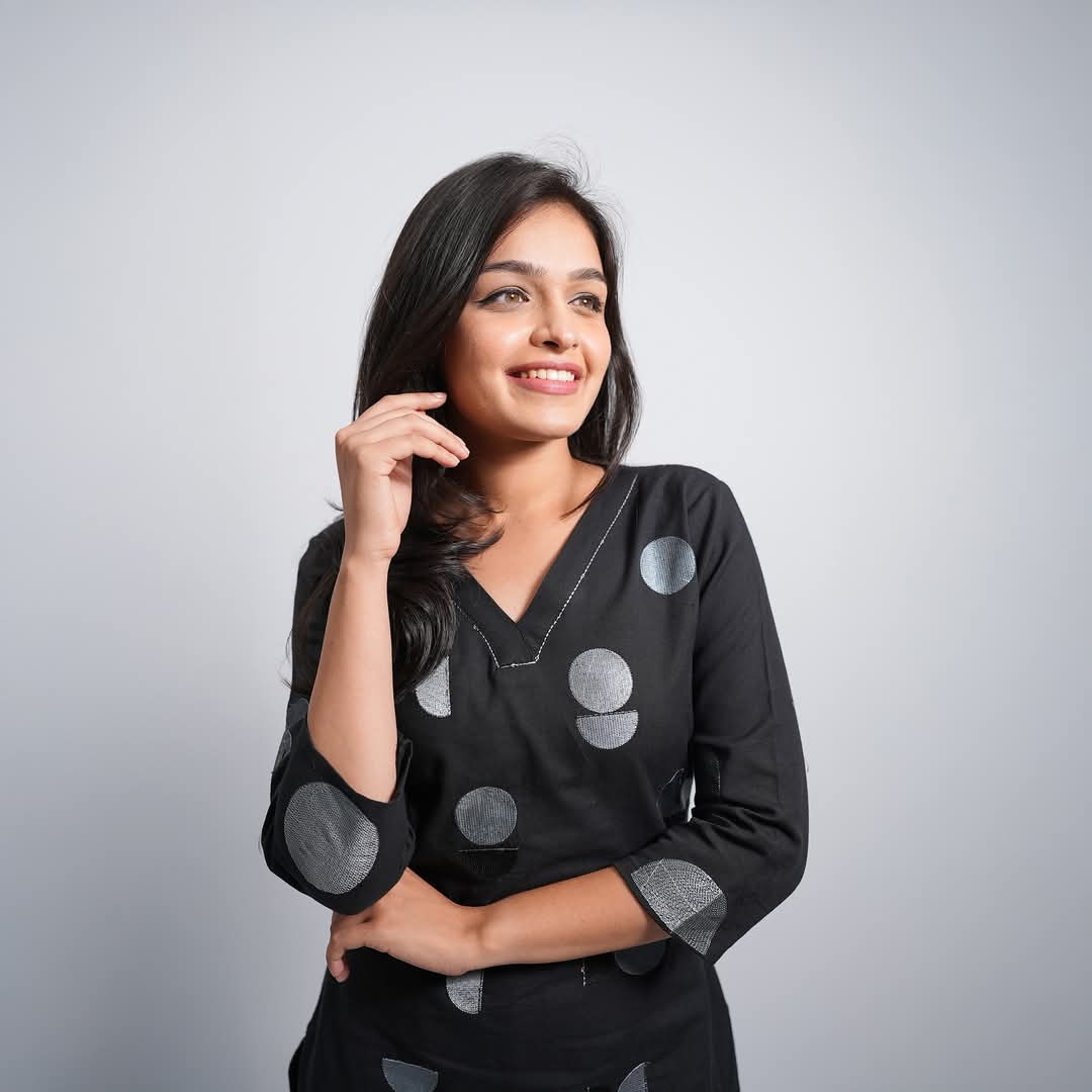 Black Rayon Kurti with Silver Geometric Print
