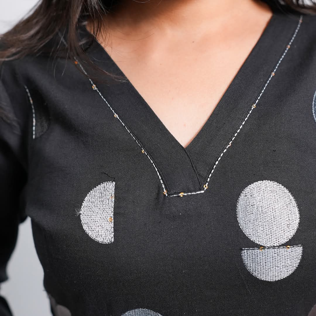 Black Rayon Kurti with Silver Geometric Print
