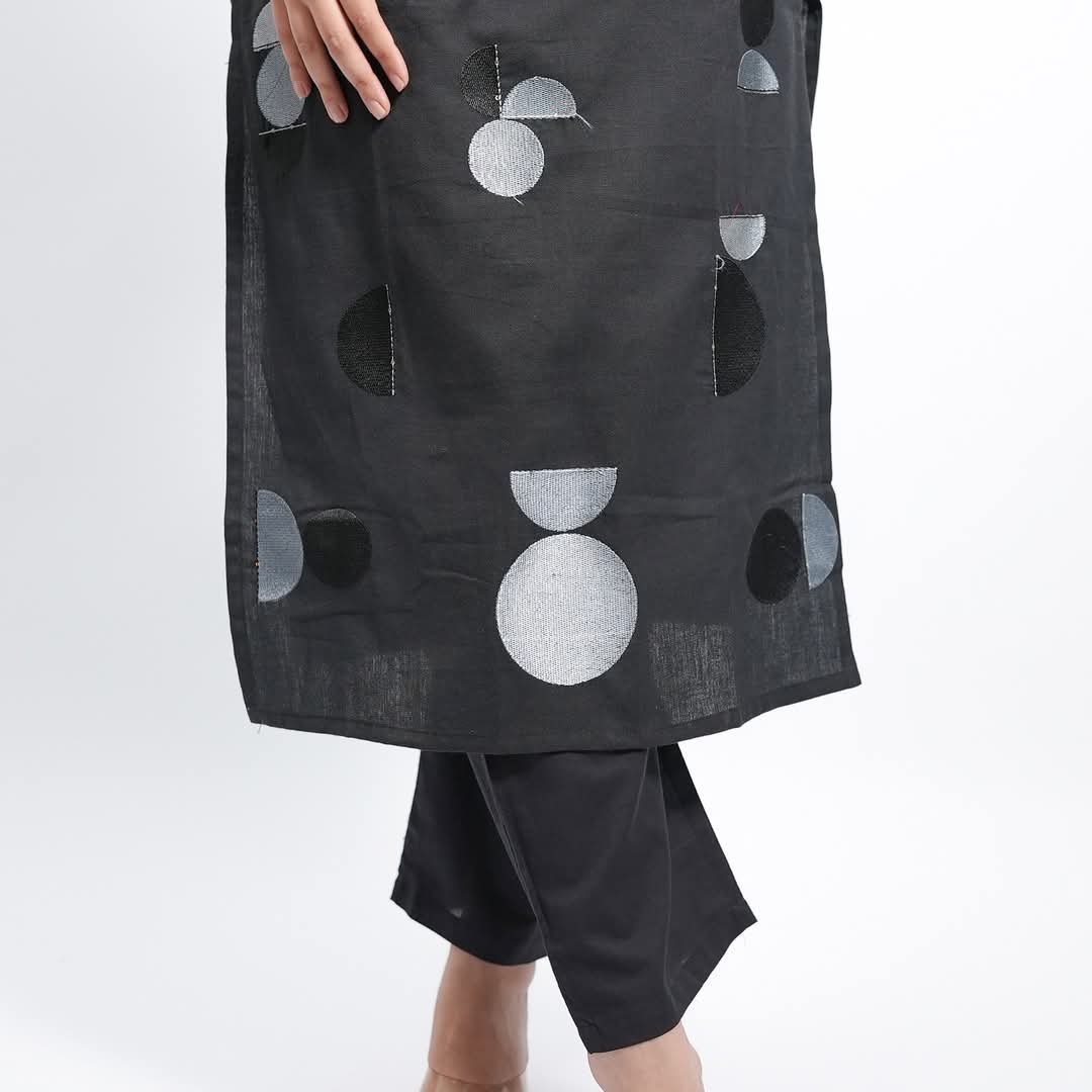 Black Rayon Kurti with Silver Geometric Print