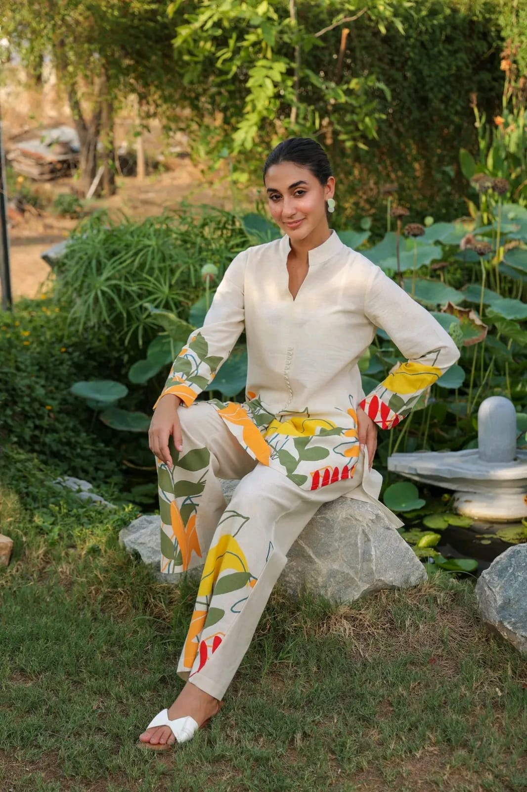 Off-White Cotton Flex Floral Co-Ord Set with Mandarin Collar