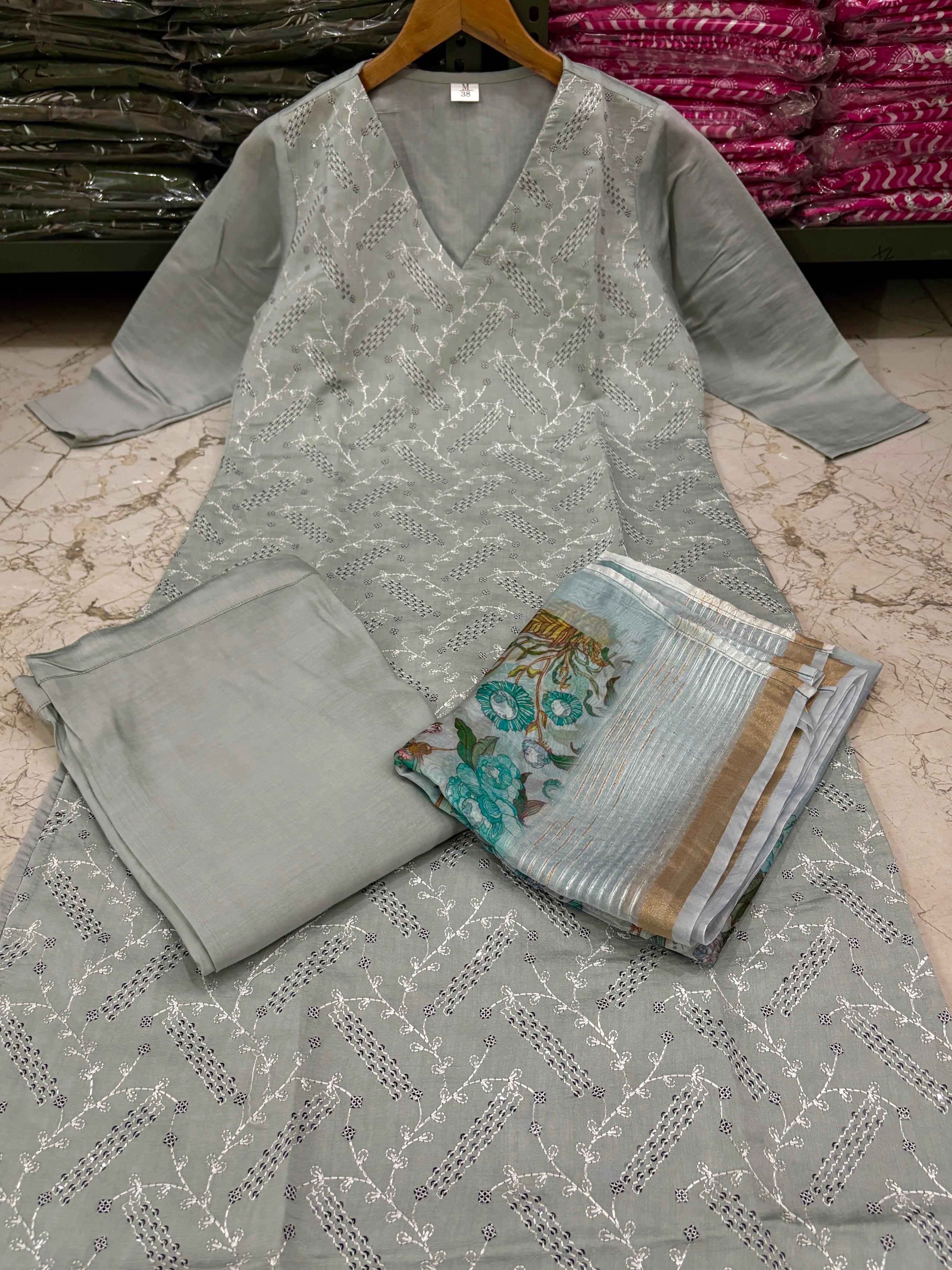 Sky Blue Chikankari Suit Set with Floral Dupatta