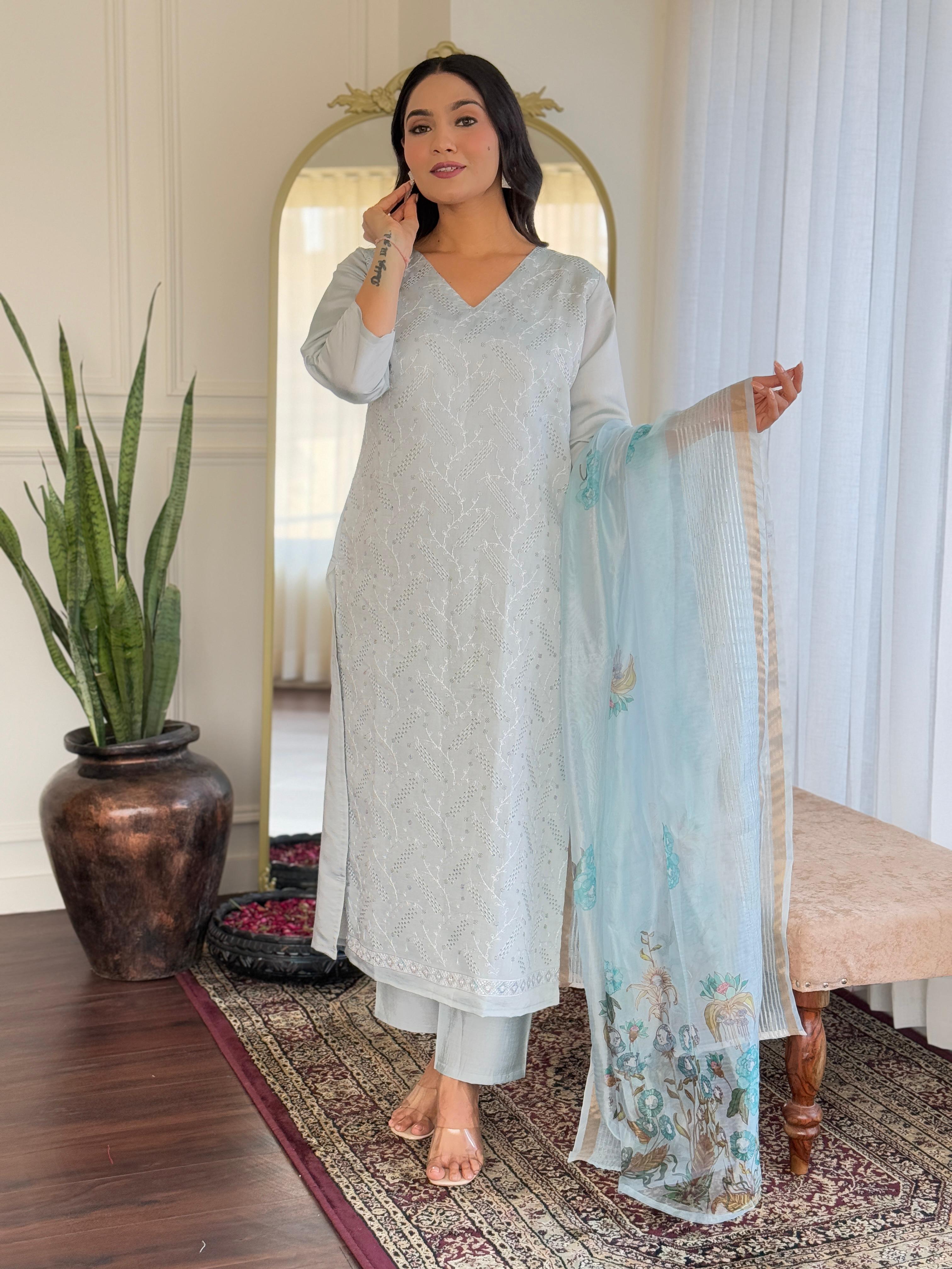 Sky Blue Chikankari Suit Set with Floral Dupatta
