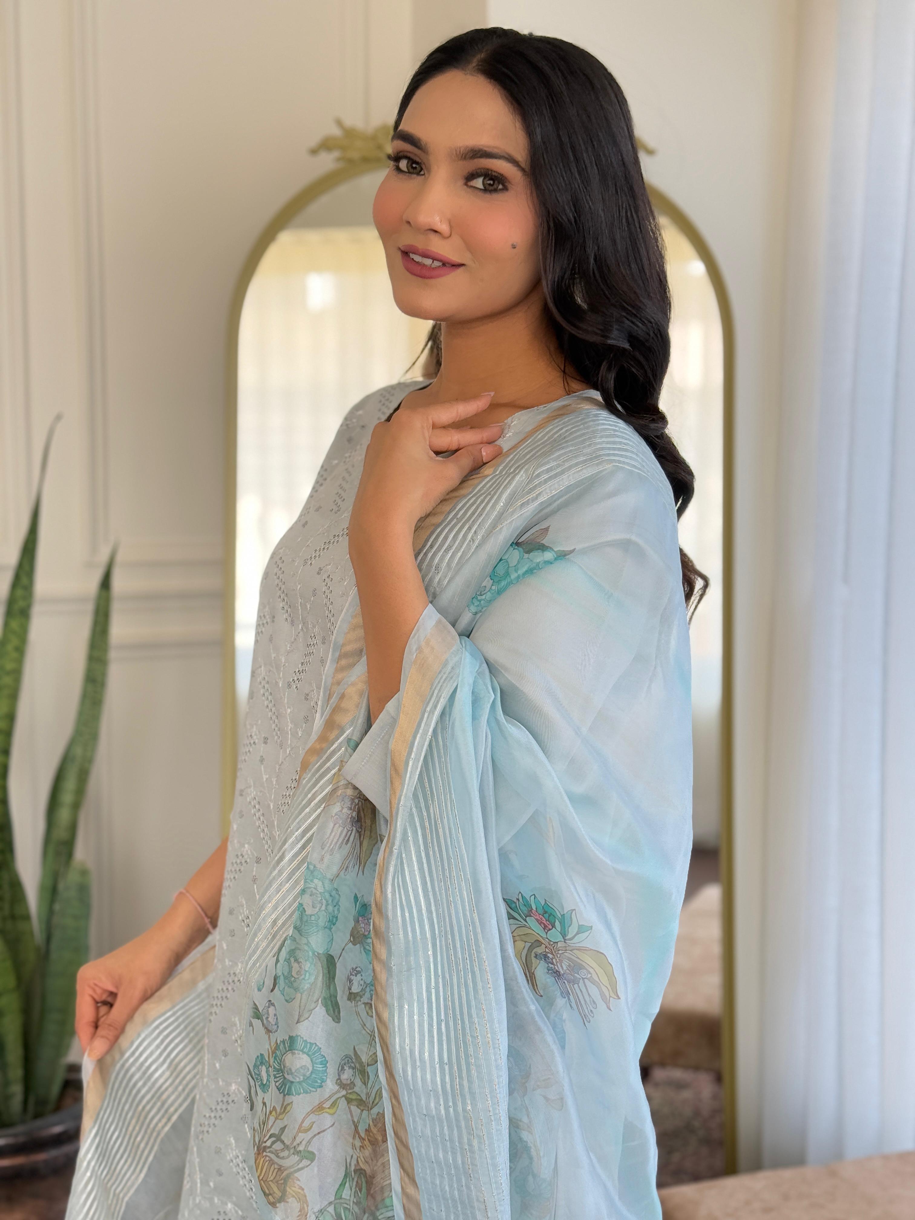 Sky Blue Chikankari Suit Set with Floral Dupatta
