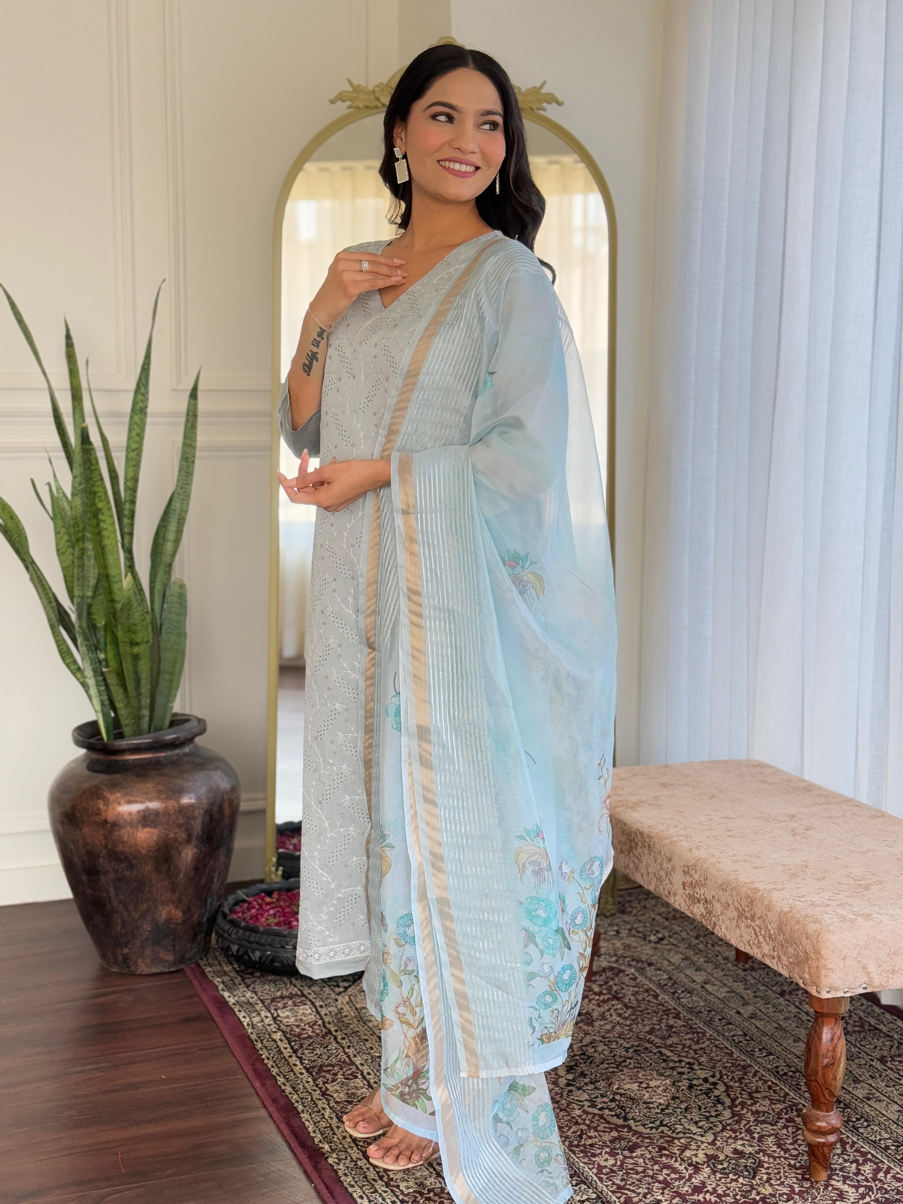 Sky Blue Chikankari Suit Set with Floral Dupatta