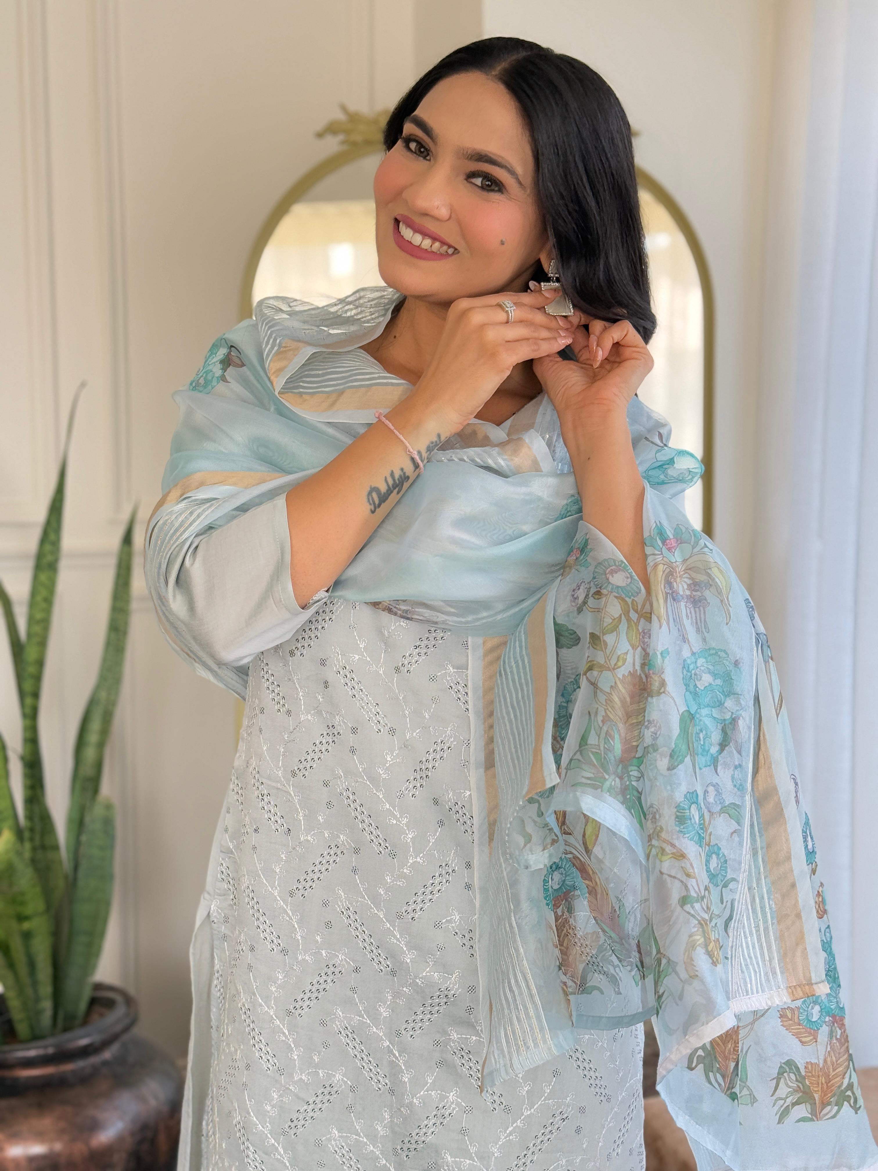 Sky Blue Chikankari Suit Set with Floral Dupatta