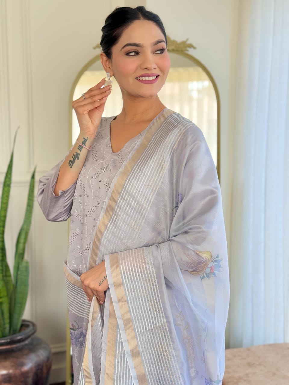 Light Grey Chikankari Suit Set with Floral Dupatta