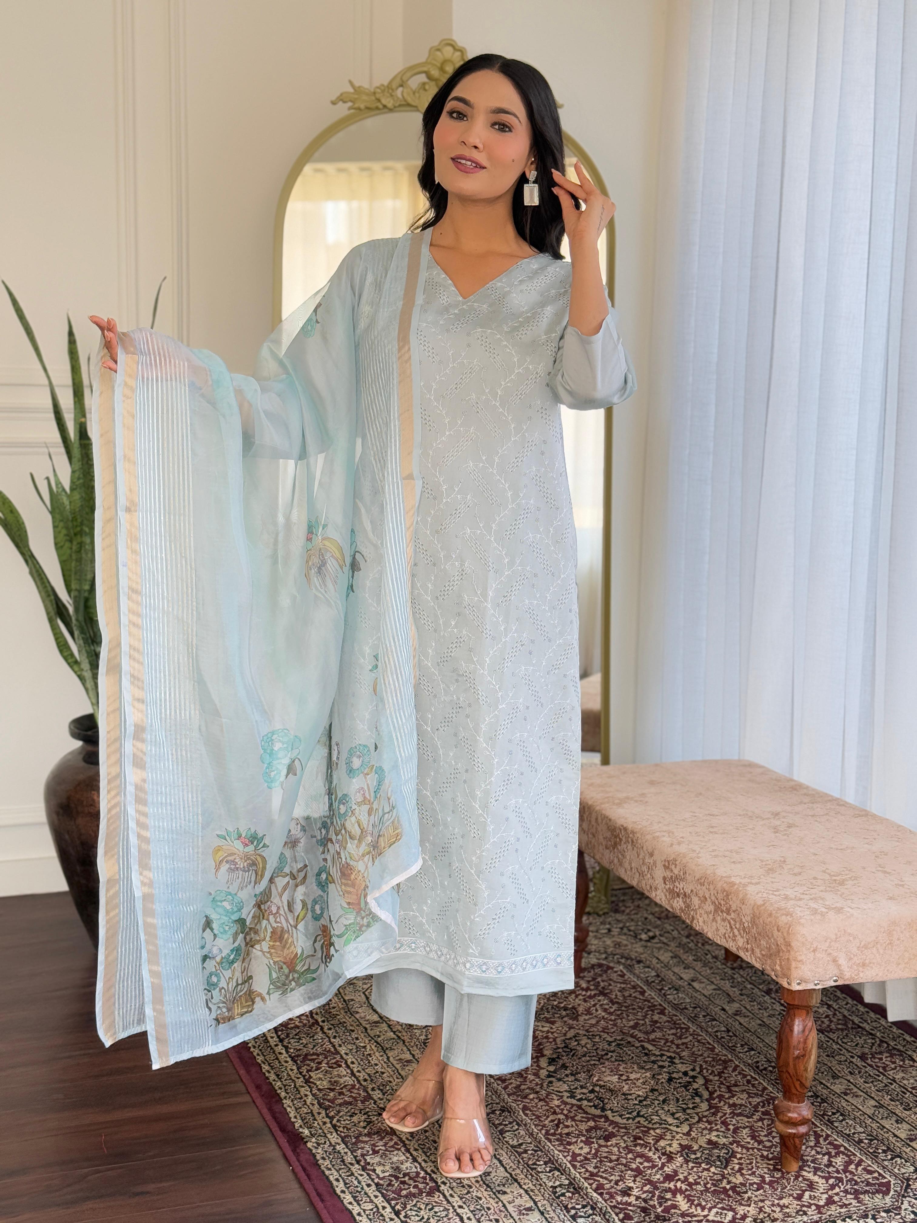 Sky Blue Chikankari Suit Set with Floral Dupatta