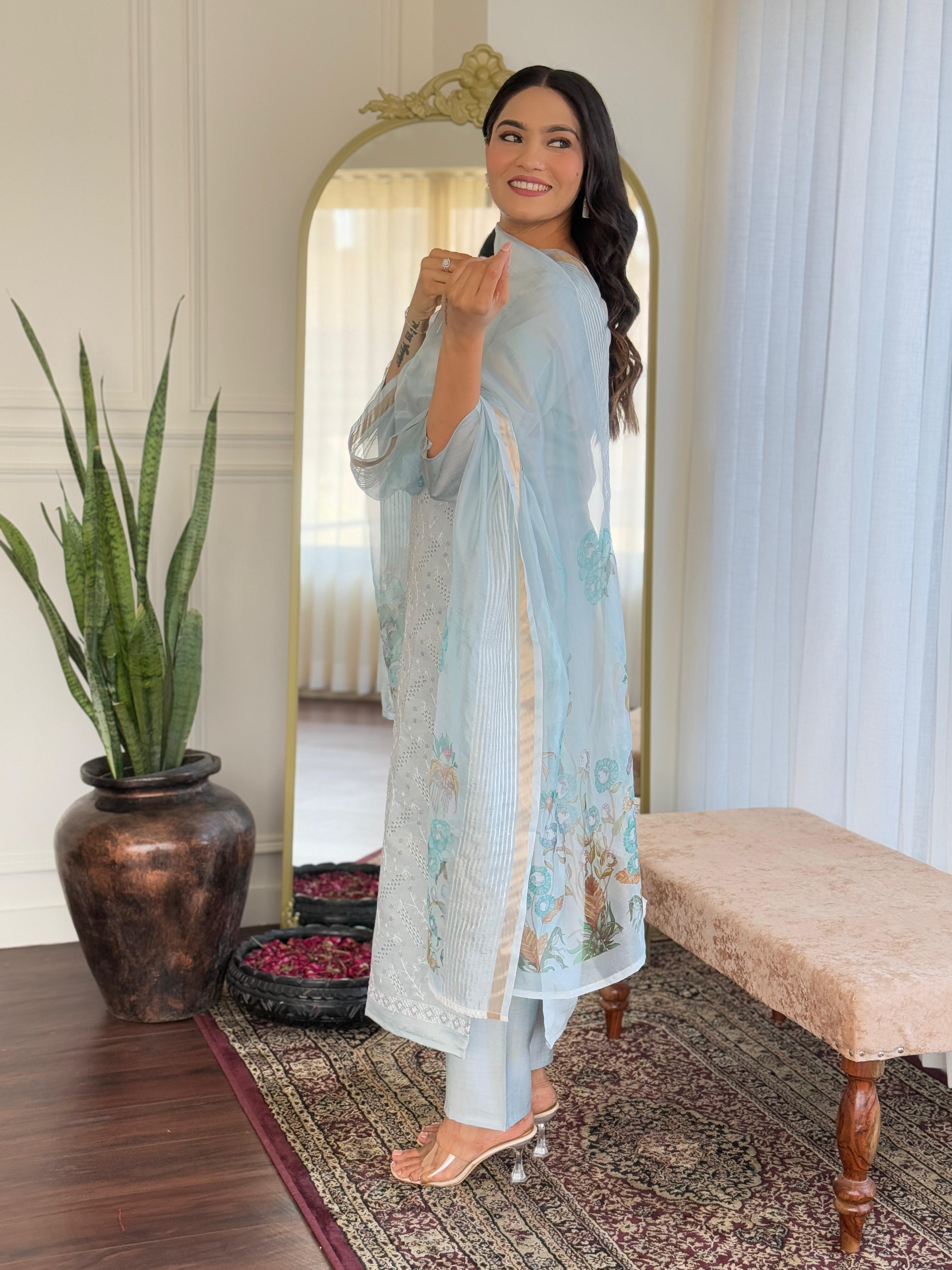 Sky Blue Chikankari Suit Set with Floral Dupatta